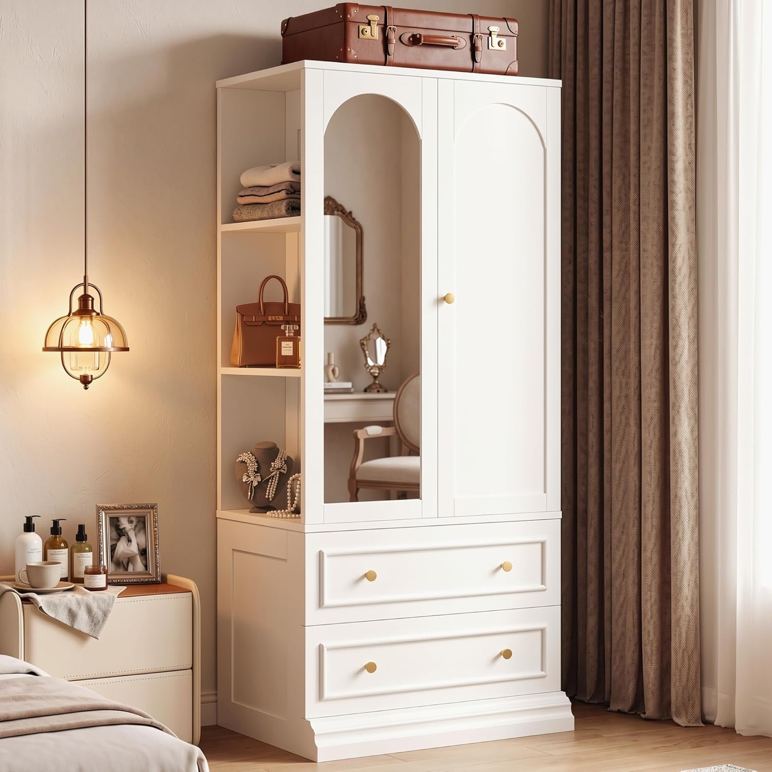 LIKIMIO Armoire Wardrobe Closet with Full Length Mirror, 3 Open Shelves | 71″ Freestanding Bedroom Armoire with 2 Drawers, 3 Side Hooks & Hanging Rod, Clothing Storage Cabinet for Bedroom, White
