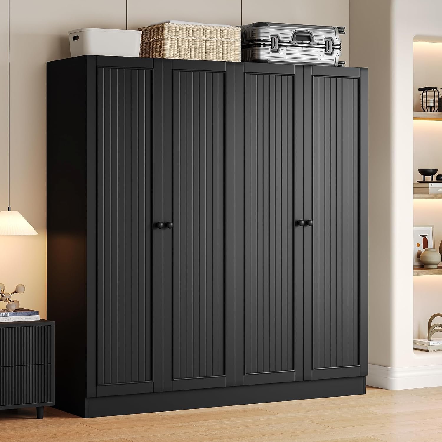 iPormis 4 Doors Armoire Wardrobe Closet with 2 Drawers, 63″ Large Wardrobe Cabinet with Removable Hanging Rods and Adjustable Shelves, Closet Storage Cabinet for Bedroom, Cloak Room, Black
