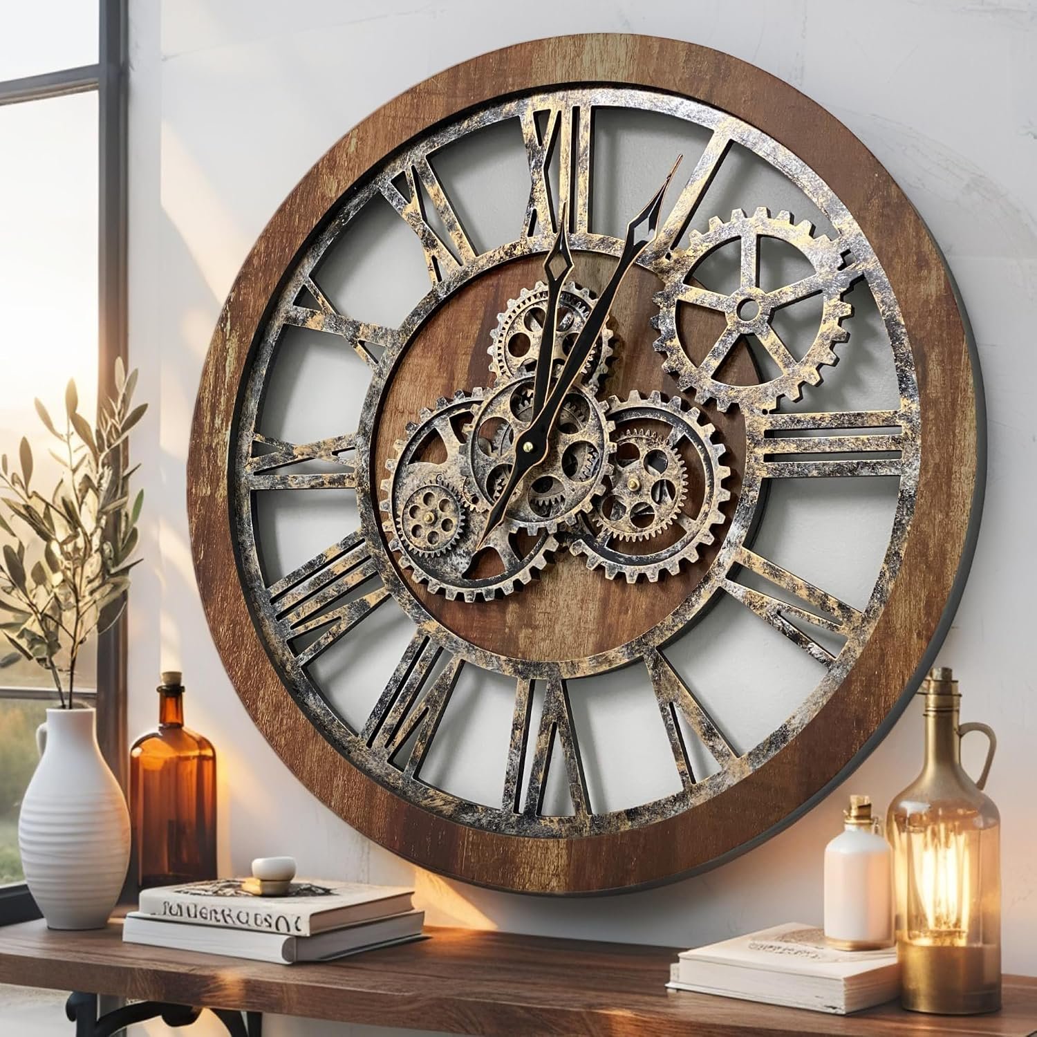 The Gears Clock The Original Real Moving Gear Wall Clock Vintage Industrial Oversized Rustic Farmhouse (24 inch (60cm), Vintage Brown)