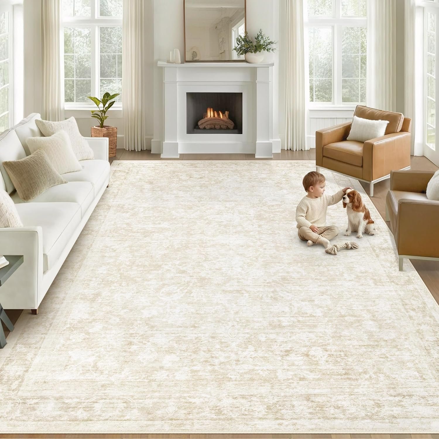 8×10 Area Rugs for Living Room: Washable Large Vintage Floral Rug Low Pile Non-Slip Boho Carpet for Bedroom Dining Home Office (Beige, 8’x10′)