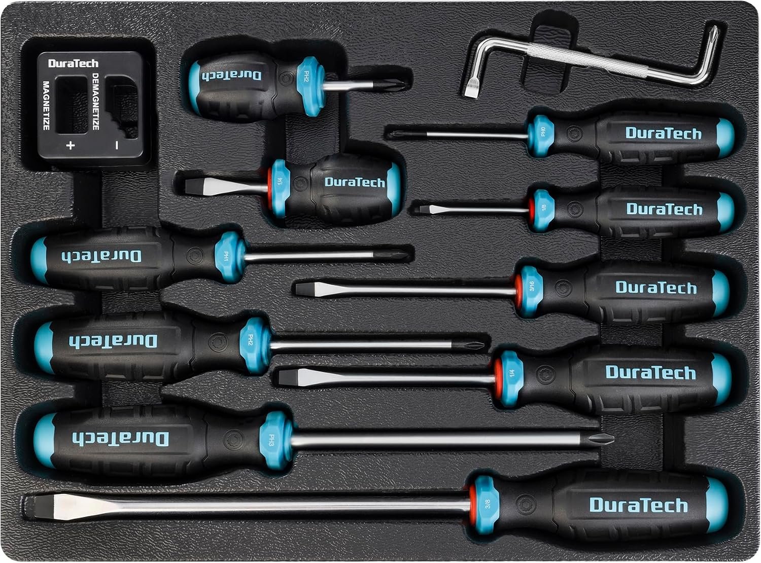 DURATECH 12-Piece Magnetic Screwdriver Set, S2 Alloy Steel Screwdriver Set | 5 Phillips and 5 Slotted Tip Screwdrivers, 1 pc Magnetizer Demagnetizer, 1 pc CR-V Offset Screwdriver, Storage Tray Included