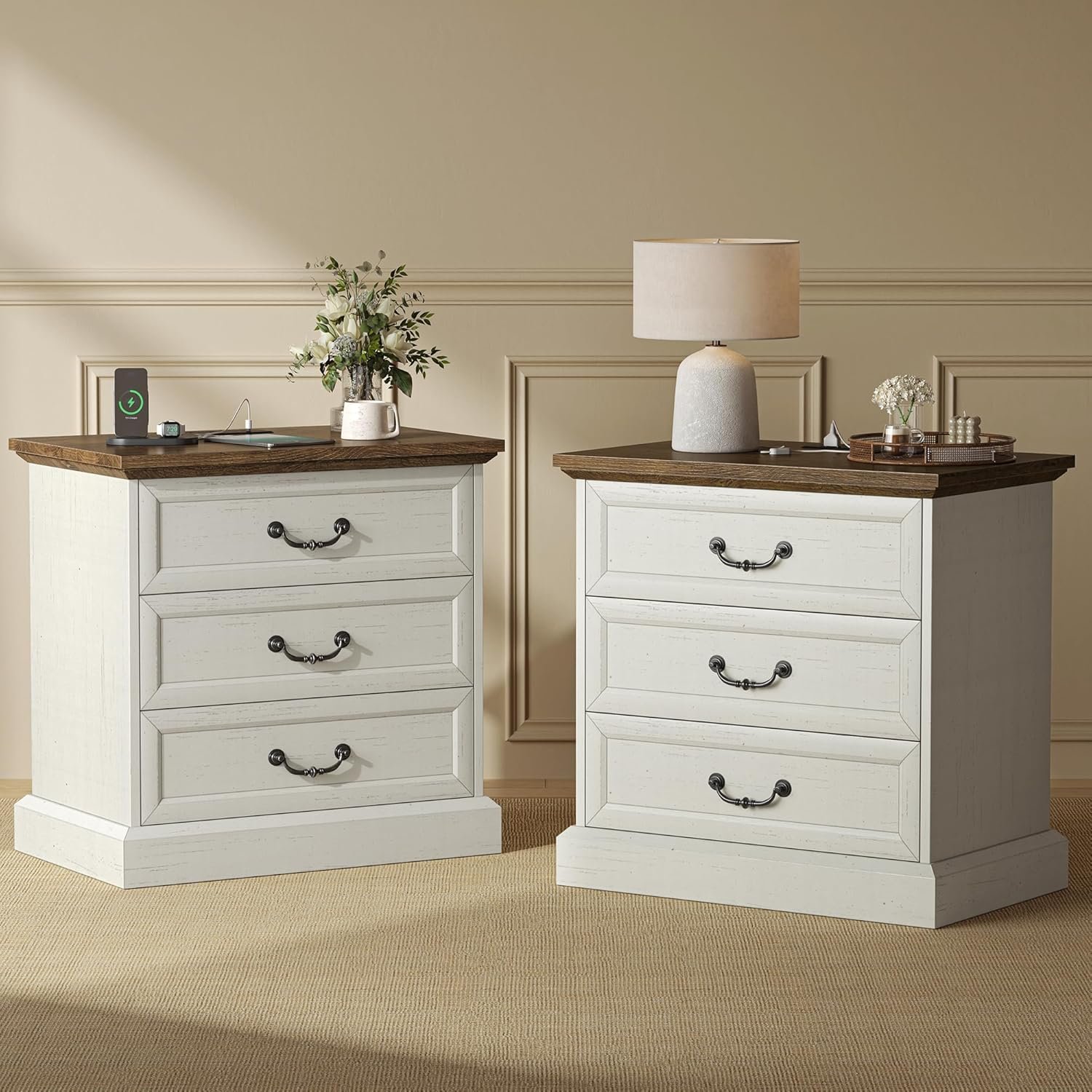 Huuger Nightstand with Charging Station, 3 Drawer Night Stand Set of 2, 22 Inch Wider Side Table with Storage, Farmhouse Nightstand with Vintage Handles, Thicken Base, for Bedroom, Distressed White