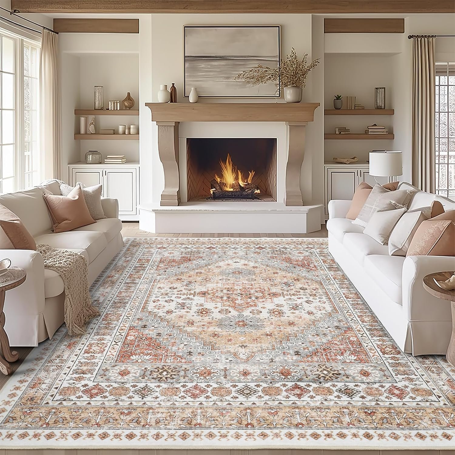 zesthome 8×10 Area Rugs for Living Room,Large Washable Rug,Orange | Rugs for Bedroom,Dining Room,Office,Low Pile,Soft, Vintage Rug,Stain Resistant Indoor Carpet,Non Slip,Home Decor
