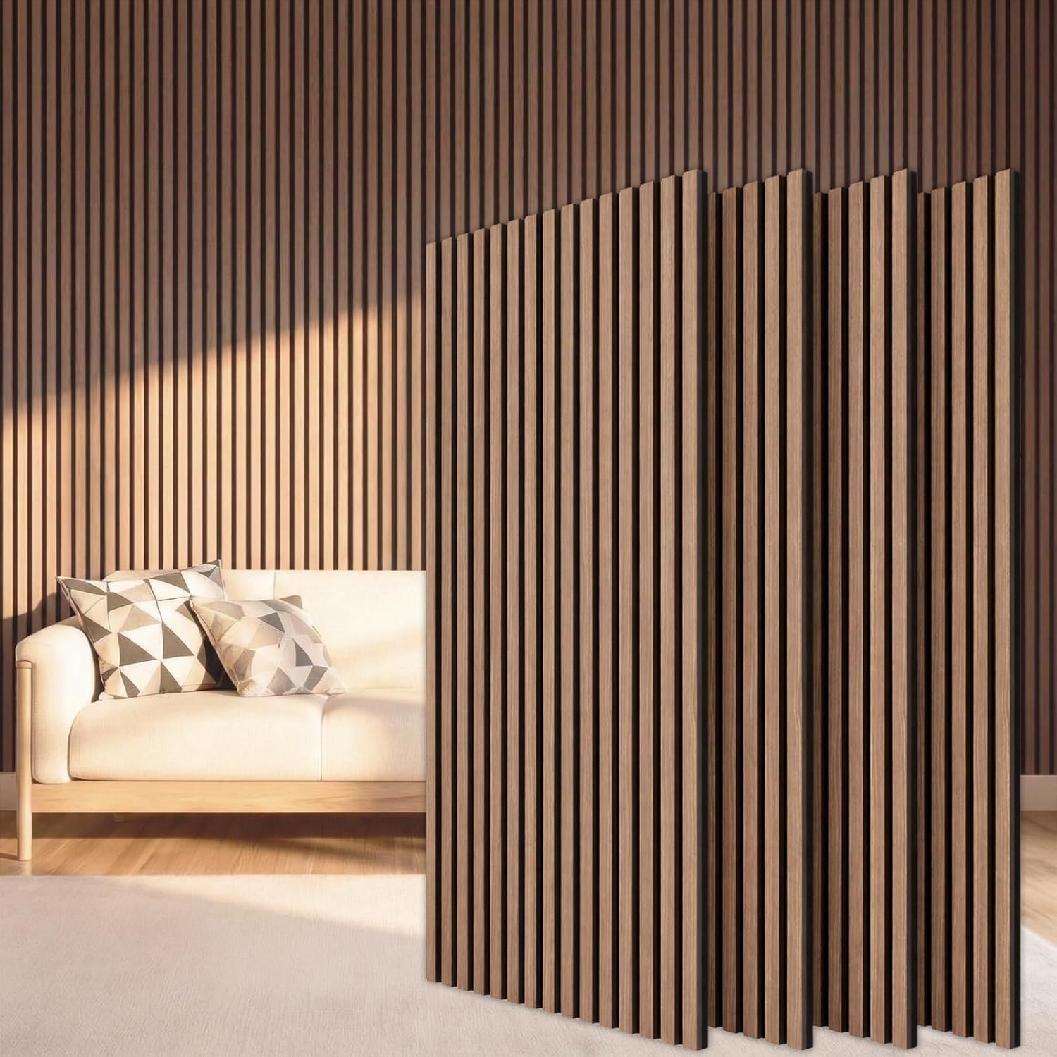 TONOR Wood Slatwall Panels, 4 Pack 47.2″ x 23.6″/ 120 x60cm(31ft²) Acoustic Wall Panels, Wood Slat Acoustic Panels for Noise Cancelling and Home Decor, Living Room, Bedroom, Office, Room Decor, Walnut