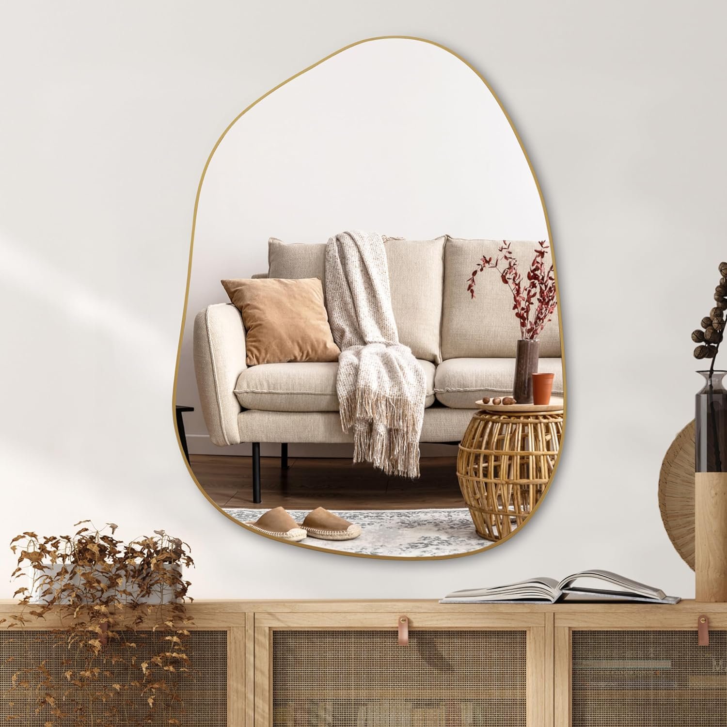 PERFNIQUE Irregular Asymmetrical Wall Mirror, 32″x24″ Gold Bathroom Mirror | Decorative modern boho mirror with gold finish. HD glass mirror for bedroom, living room, entryway, mantel and vanity decor