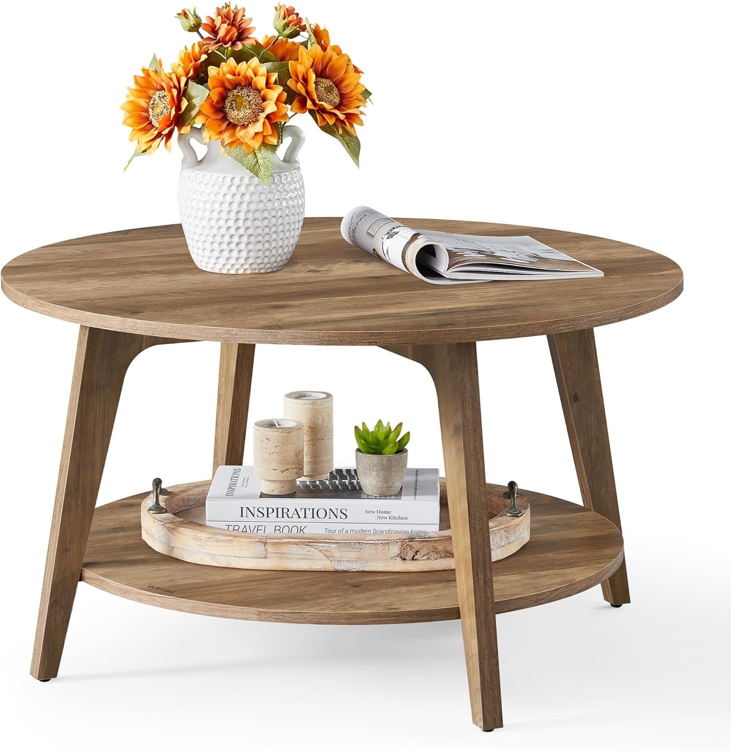 VASAGLE MAEZO Collection – Round Coffee Table, 2-Tier Center Table with Storage, Tapered Legs, Curved Transitions, 31.5 Dia. x 17.7 H Inches, Easy Assembly, for Living Room, Honey Brown ULCT243K41