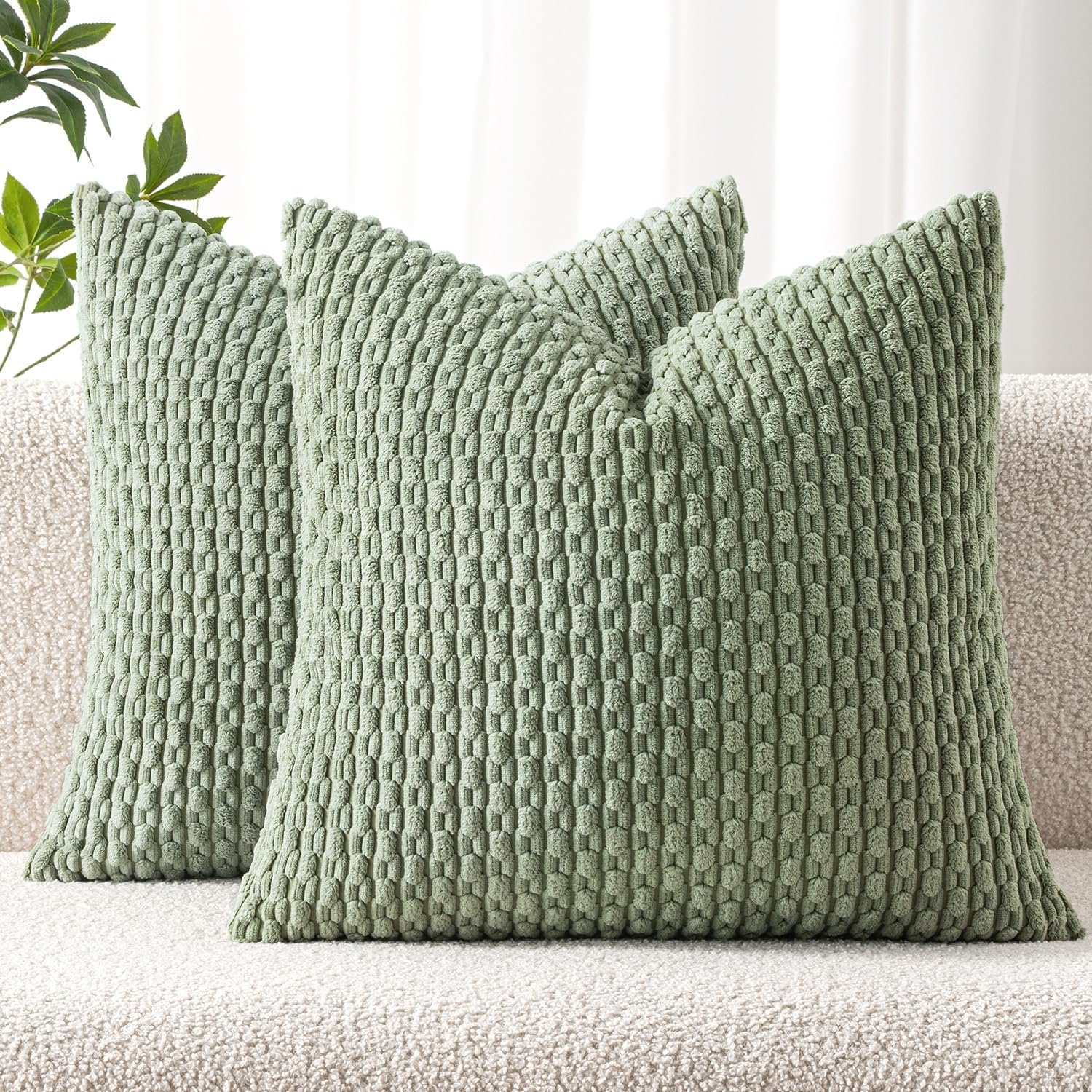 MIULEE Decorative Throw Pillow Covers 18×18 Sage Green Textured Corduroy | Pack of 2 Striped Pillow Covers Modern Farmhouse Home Decor for Couch Bed Sofa Living Room
