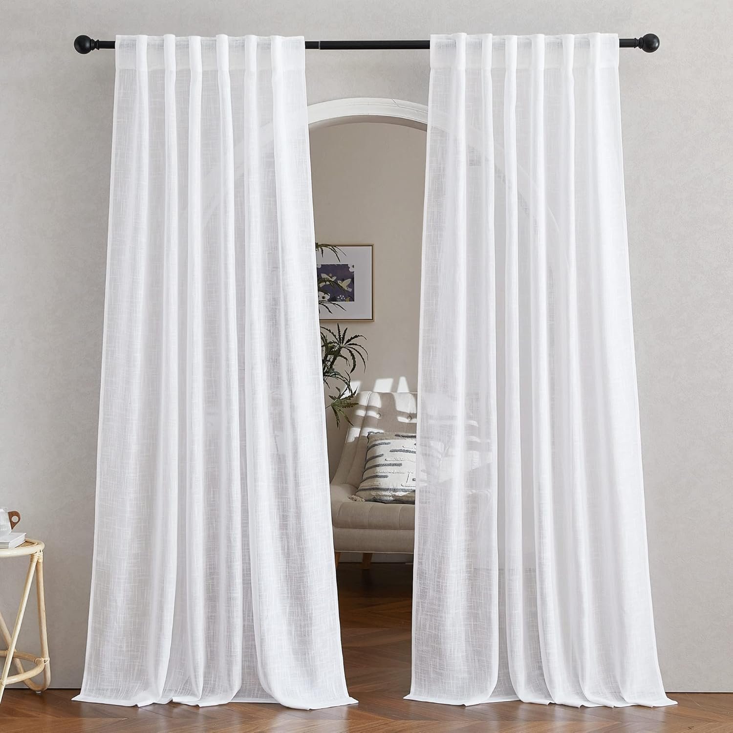 NICETOWN White Linen Sheer Curtains 90″ Length, Rod Pocket & Back Tab Window Treatments Semi Sheer Curtain Drapes Privacy with Light Through for Living Room/Bedroom, 104 inch Length Total 2 Panels