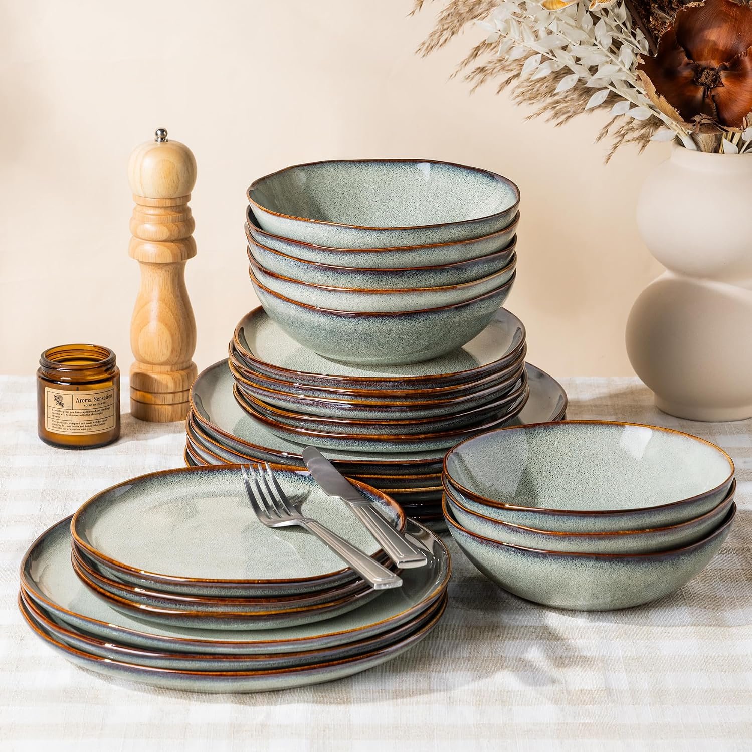 GBHOME Stoneware Dinnerware Sets for 8,24 Piece Rustic Plates and Bowls Set | Earthenware Handmade Reactive Glaze Plate Sets, Chip Resistant Ceramic Dishes, Microwave & Dishwasher Safe, Earthy Sage