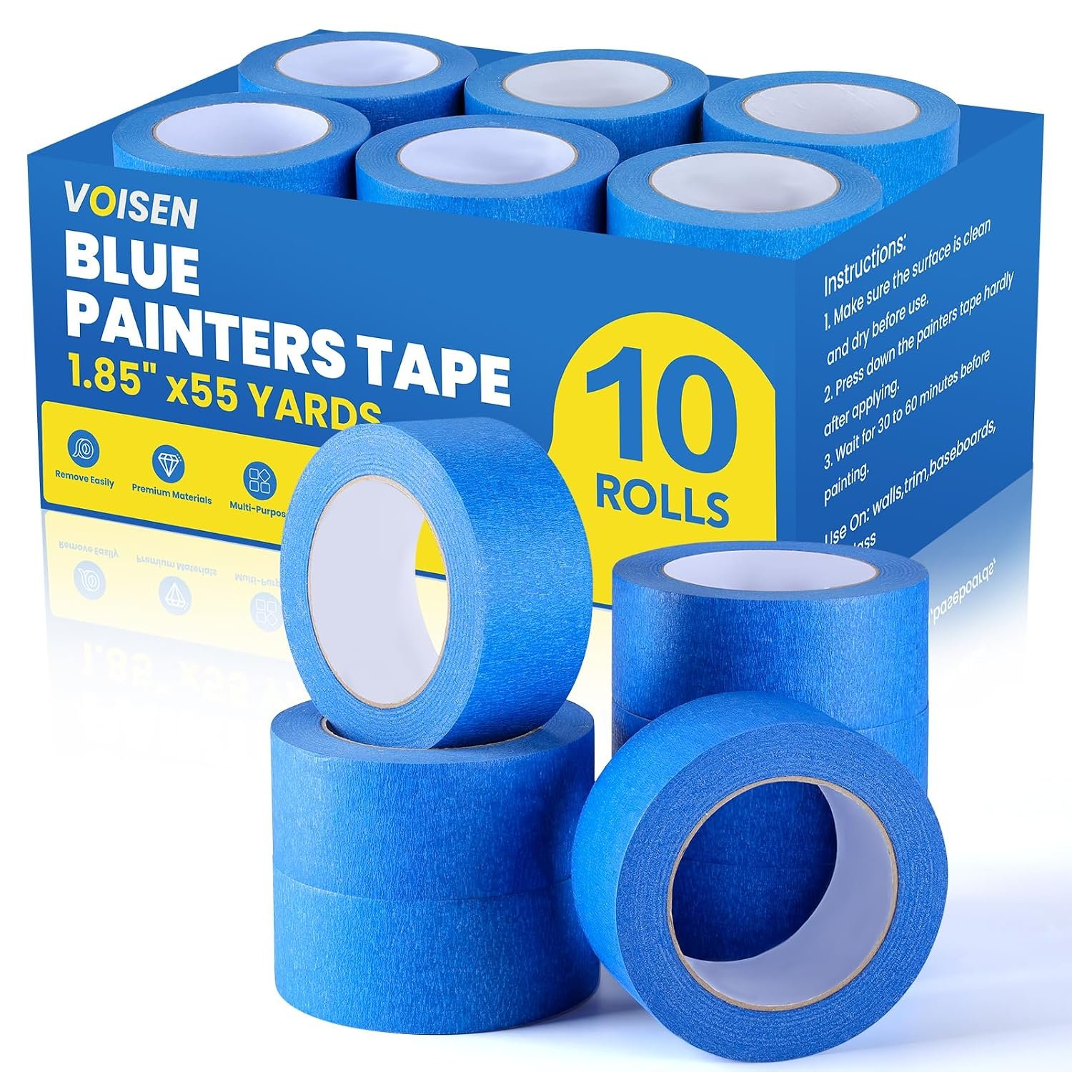 VOISEN 10 Packs Painters Tape, Blue Tape, Masking Tape for Multi-Purpose | 2 Inch Wide (1.85 in x 55 Yds), Masking Tape Bulk, DIY Artist Craft Arts, Decoration, Drafting, No Residue