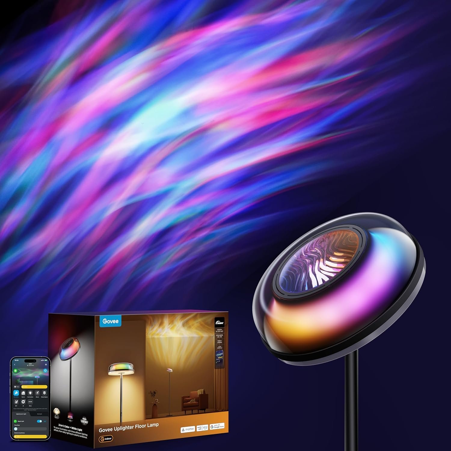 Govee Uplighter Floor Lamp for Living Room, RGBIC Ripple Projector | Compatible with SmartThings, Alexa, and Matter, LED Modern Corner Floor Light, Warm Cool White Standing Lamp for Bedroom