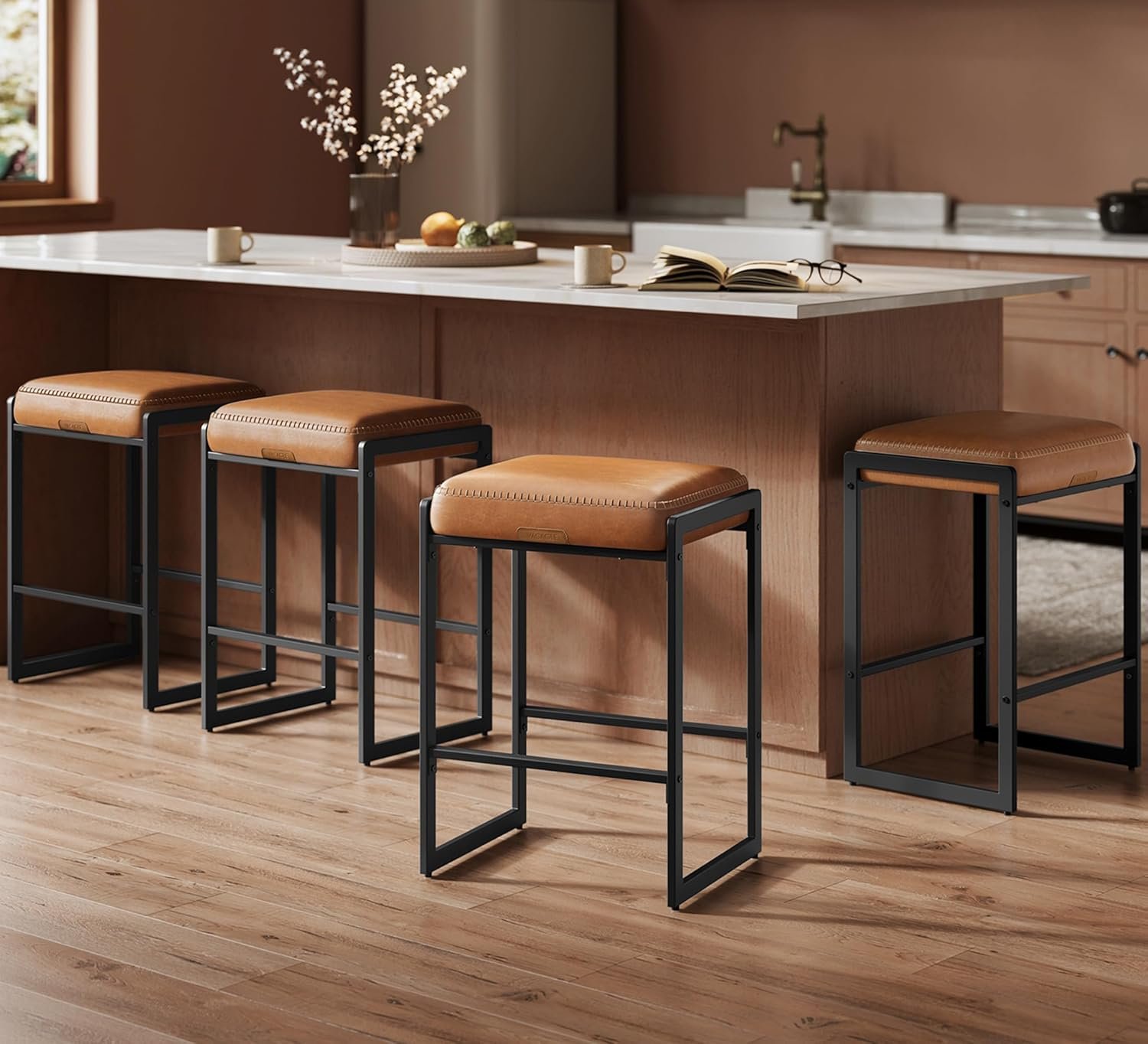 VASAGLE EKHO Collection – Bar Stools Set of 4, Counter Height Bar Stools, Synthetic Leather with Stitching, Mid-Century Modern Counter Stools, 26-Inch Tall, Kichen Home Bar Dining Room, Caramel Brown