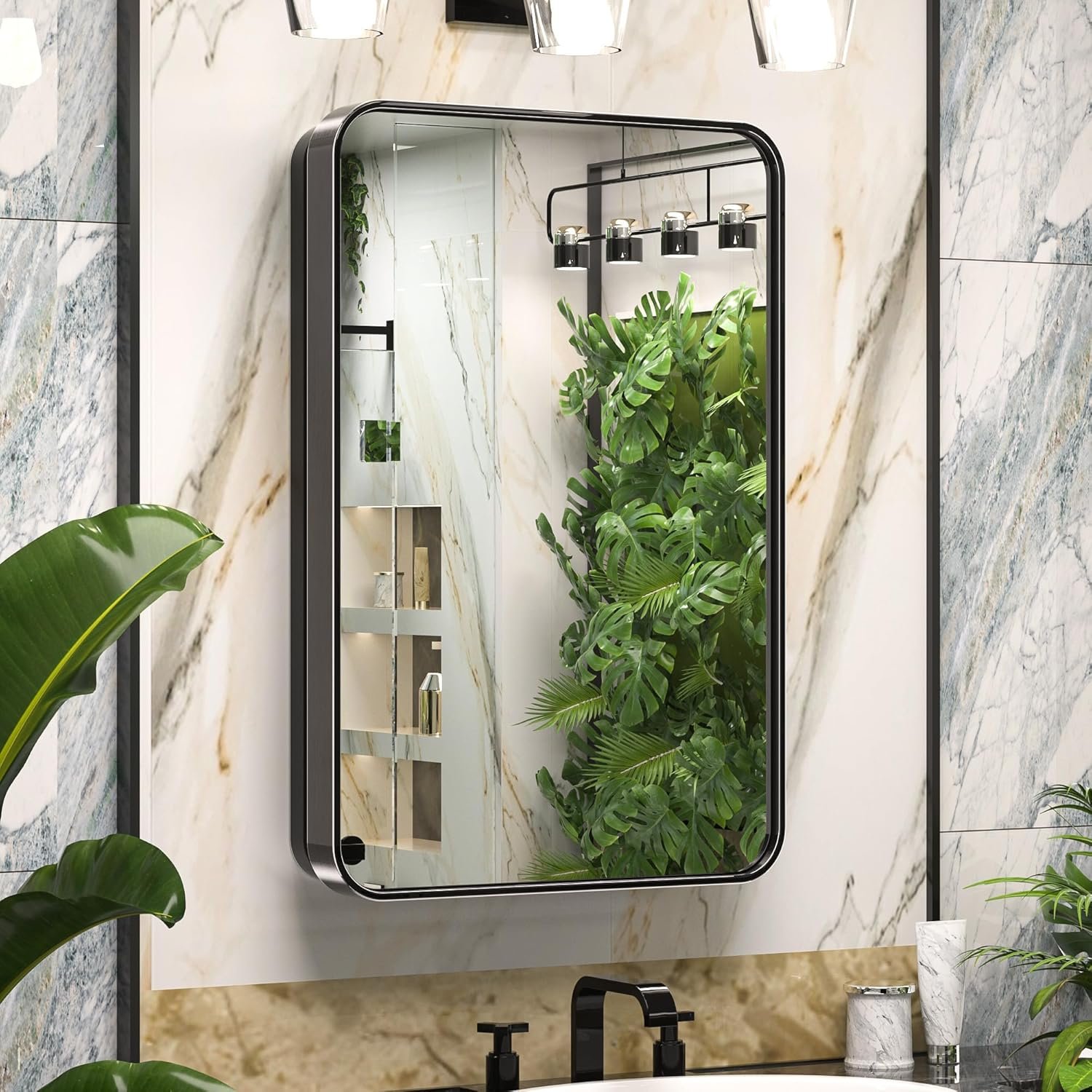 Keonjinn 16″ x 24″ Black Medicine Cabinet Mirror, Stainless Steel Framed | Stepless Adjustable Shelves, Wall-Mounted/Recessed, Heavy & Solid, Soft Close with DTC Hinges, Bathroom Mirror with Storage