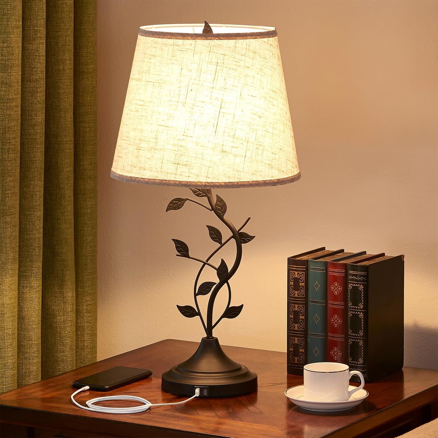 Kakanuo Table Lamp for Living Room, Bedside Lamp for Bedroom, Rustic Lamp | Knob Switch, USB C+A Charging Ports, Corded, Traditional Rustic Leaf Lamp for Livingroom, Bedside, Bedroom, Nightstand