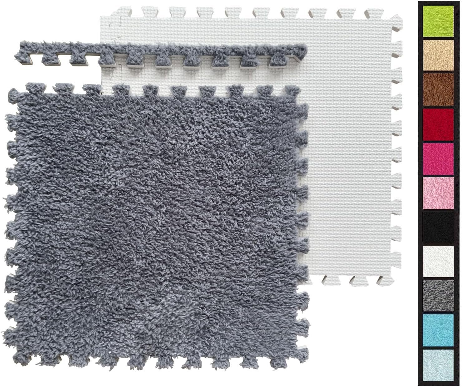 12 Pcs Carpet Foam Floor Tiles Plush Interlocking Carpet Tiles Anti-Slip Soft Playroom Rug 49″x37″ Foam Mats Replaceable Washable Puzzle Floor Mats for Bedroom, Home Decor