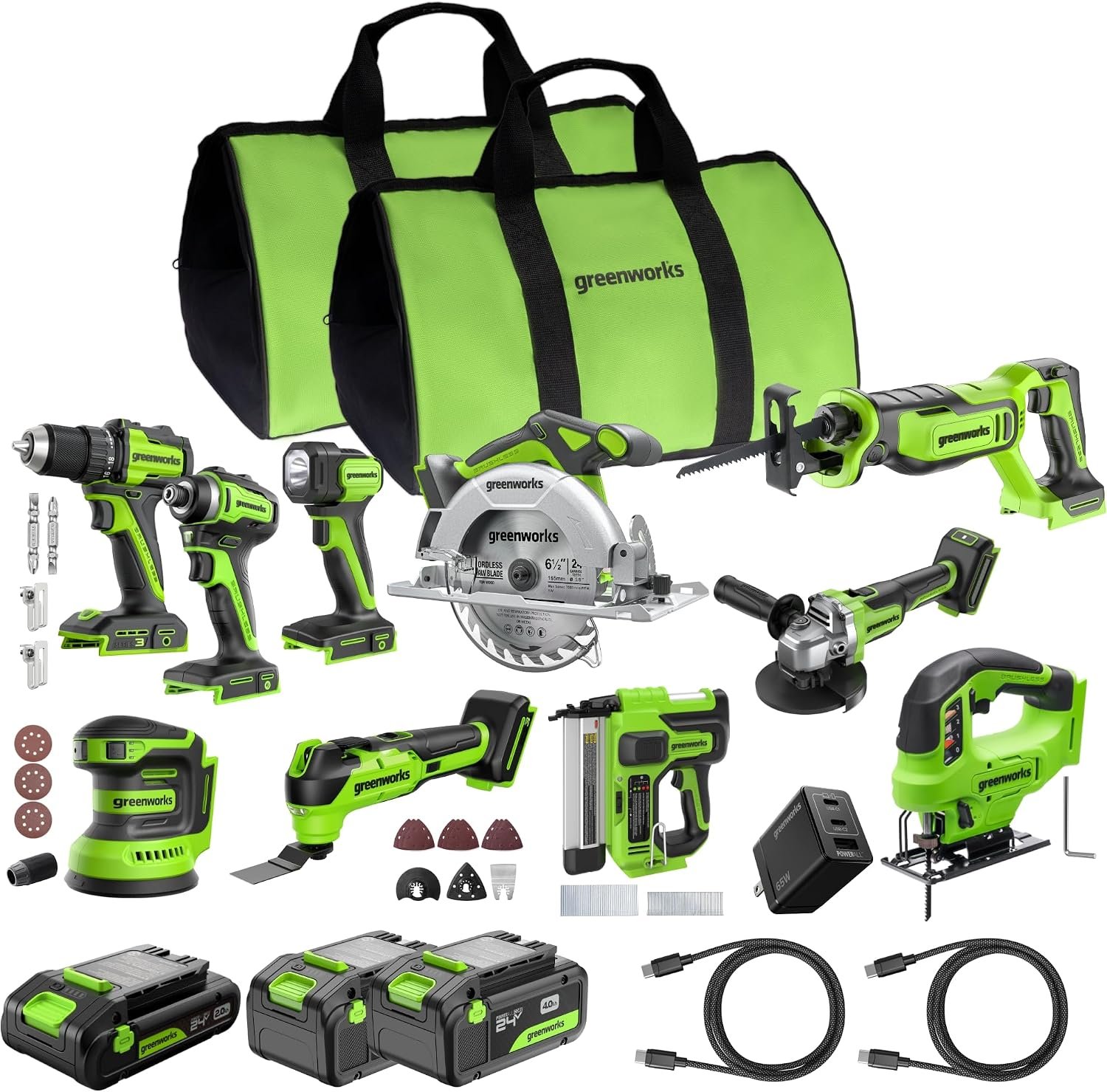 Greenworks 24V Brushless 10PC TOOL, Drill+Impact Driver+Circular Saw+Recip Saw+Jig Saw+Sander+Light+Multi-Tool+Nailer+Grinder (2) 4.0Ah+2.0Ah Batteries (24,000mAh PB) USB-C Charger, High Efficiency