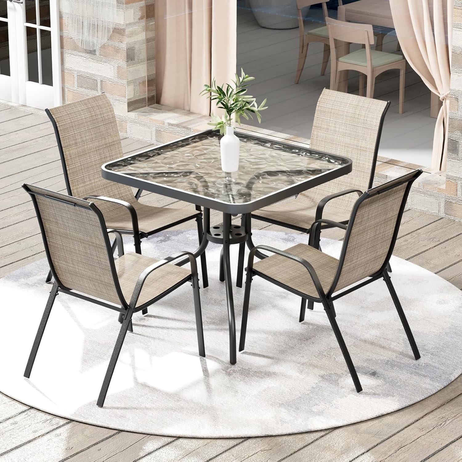 5 Pieces Outdoor Patio Dining Set, Glass Table and Textilene Chair | Stackable Chairs for Saving Space, 30″X30″ Table with Metal Frame, 1.69″ Umbrella Hole, All Weather for Backyard, Poolside