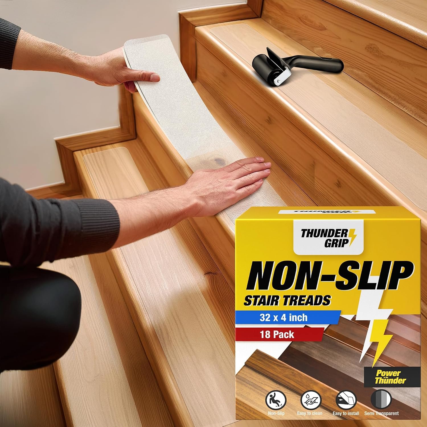 Clear Stair Treads Non-Slip Indoor 32″ x 4″ 18-Pack – Stair Grips for Wood | Anti Slip Adhesive Strips for Dogs & Elderly, Staircase Step Treads, Transparent Treads for Wood Stairs by Thunder Grip