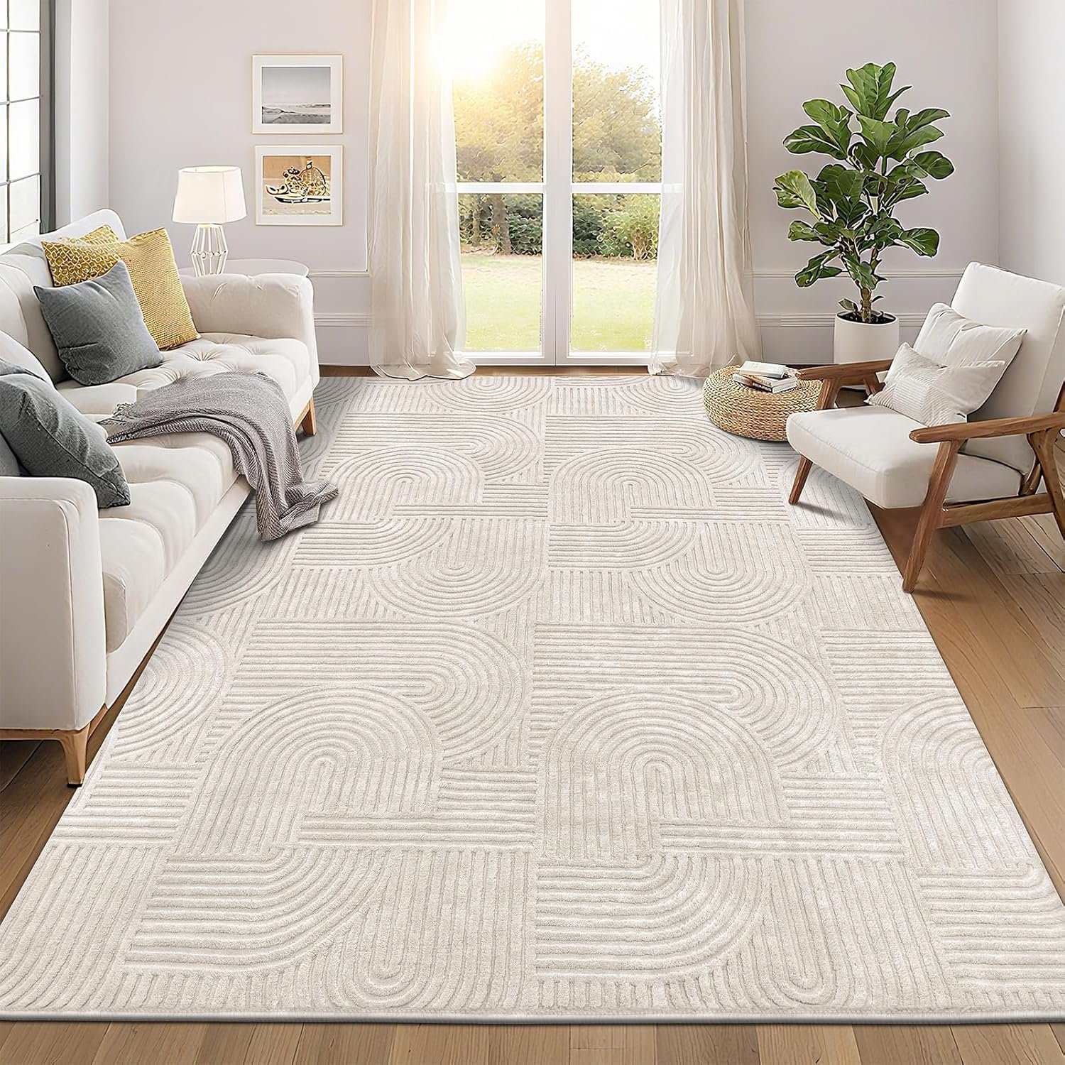 Pauwer 8×10 Area Rugs for Living Room, Modern Non Slip Washable Rug, Beige | Arch Pattern, Soft Fluffy, Neutral, Boho Accent, Solid Color Floor Carpet, For Kids Room Dining Room Nursery Entryway