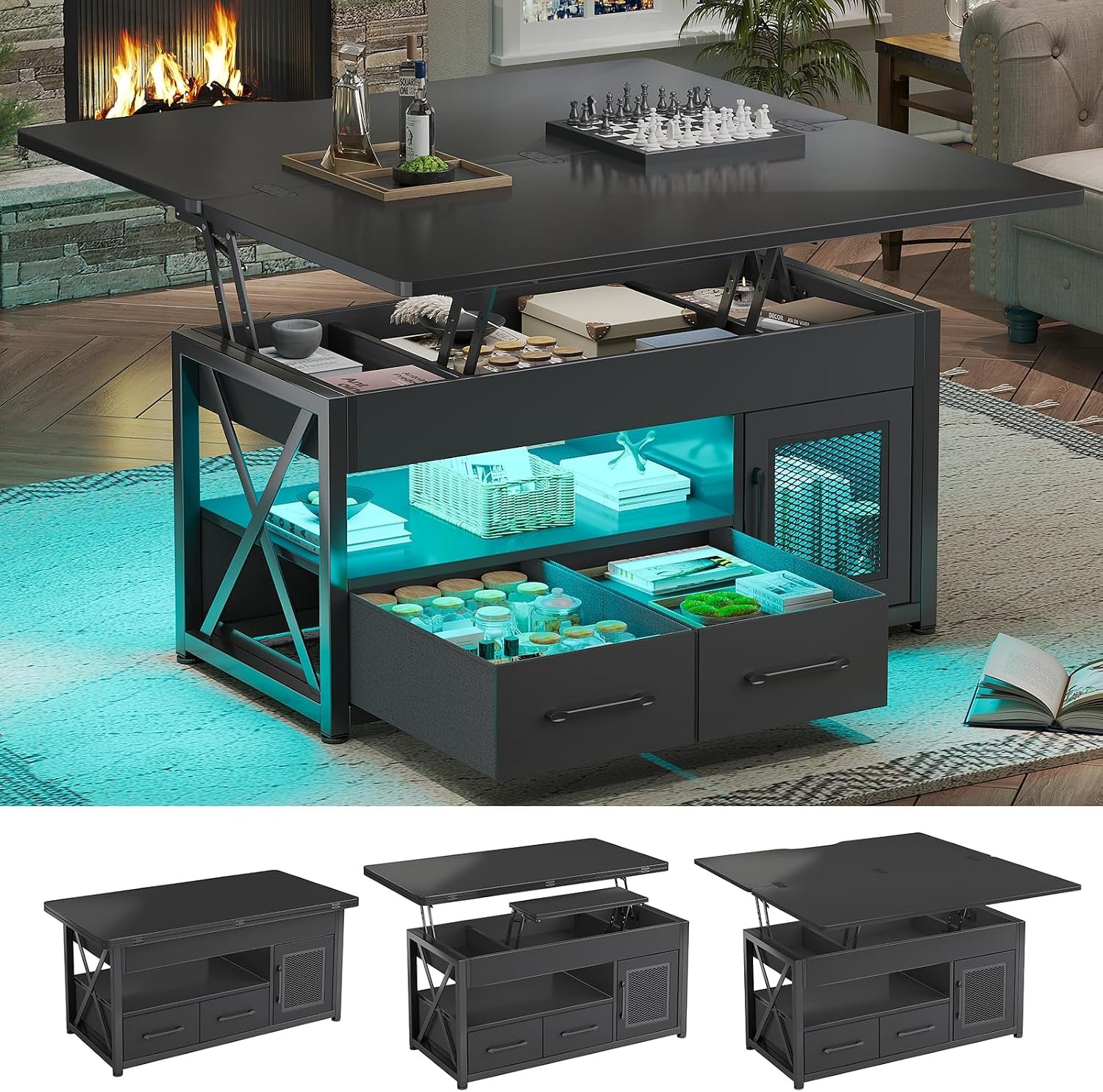 Itaar 40″ Lift Top Coffee Table with Storage for Living Room, 4 in 1 Table | Black LED Expandable Coffee Table with 2 Fabric Drawers & LED Light & Hidden Compartmen for Dining Living Room Table