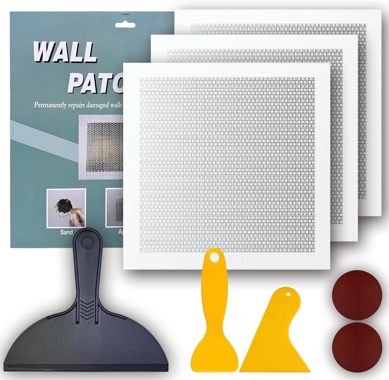 Drywall Repair Kit, 3 Pcs, 12x12in Self-Adhesive Patch with Sandpapers and Scrapers, Quick Fix for Large Holes, Cracks, Ceiling, Bathroom Wall Damage