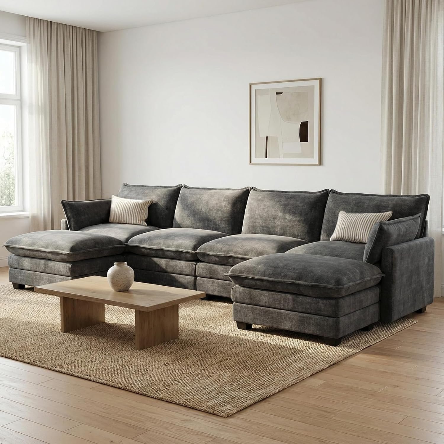 Modular Sectional Couch for Living Room, U Shaped Comfy Sofa | Comfortable Foam Cushions, Sturdy Frame, Appealing Look, Easy Assembly, Soft Chenille Fabric, Movable Ottoman, Dark Gray