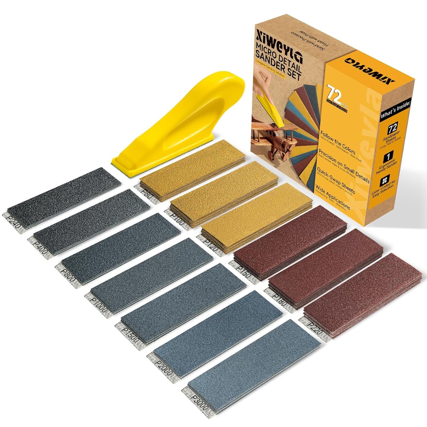 72PCS Premium Sandpaper Set with Ergonomic Hand Sander – Micro Sander & Detail Sander Sanding Sheets, 13 Grit Levels 80–3000, Color-Coded Sandpaper for Wood, Crafts, DIY & Furniture Projects