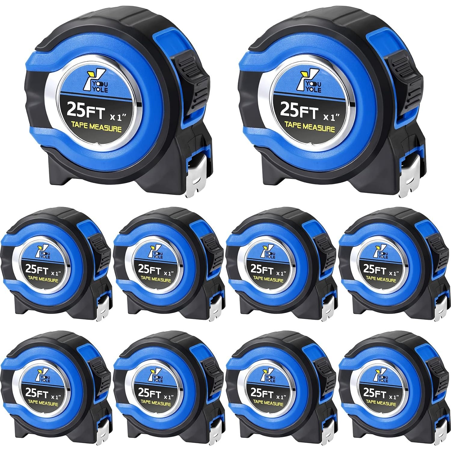 Youyole 10 Pack Tape Measure with Fractions 1/8 Steel Measuring Tape Retractable Easy Read Measurement Ruler Steel Power Blade (25 ft X 1 in,Blue)