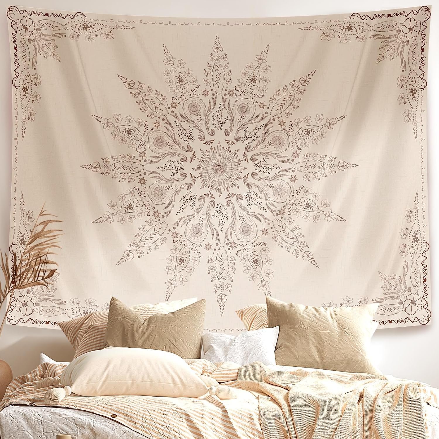 Damanse Floral Tapestry Wall Hanging Cute,Boho Wall Tapestry for Bedroom Aesthetic,Mandala Living Room Decor for Teen Girls (Flaxen, 34.80″ x 47.20″)