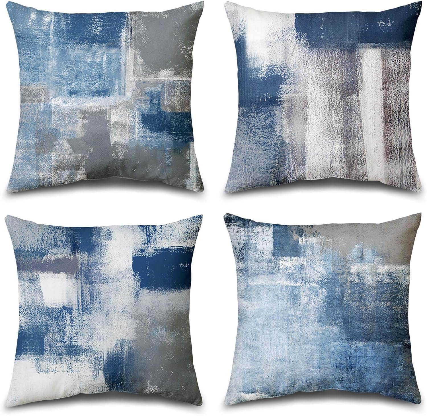 Set of 4 Blue and Grey Abstract Art Artwork Pillow Cover 18 x 18 Inch, Gallery Modern Decorative Throw Pillows Cushion Cover for Bedroom Sofa Living Room | Double-sided vibrant artwork accent cushion covers. Perfect decorative pillows for couch, sofa, bed, and living room.