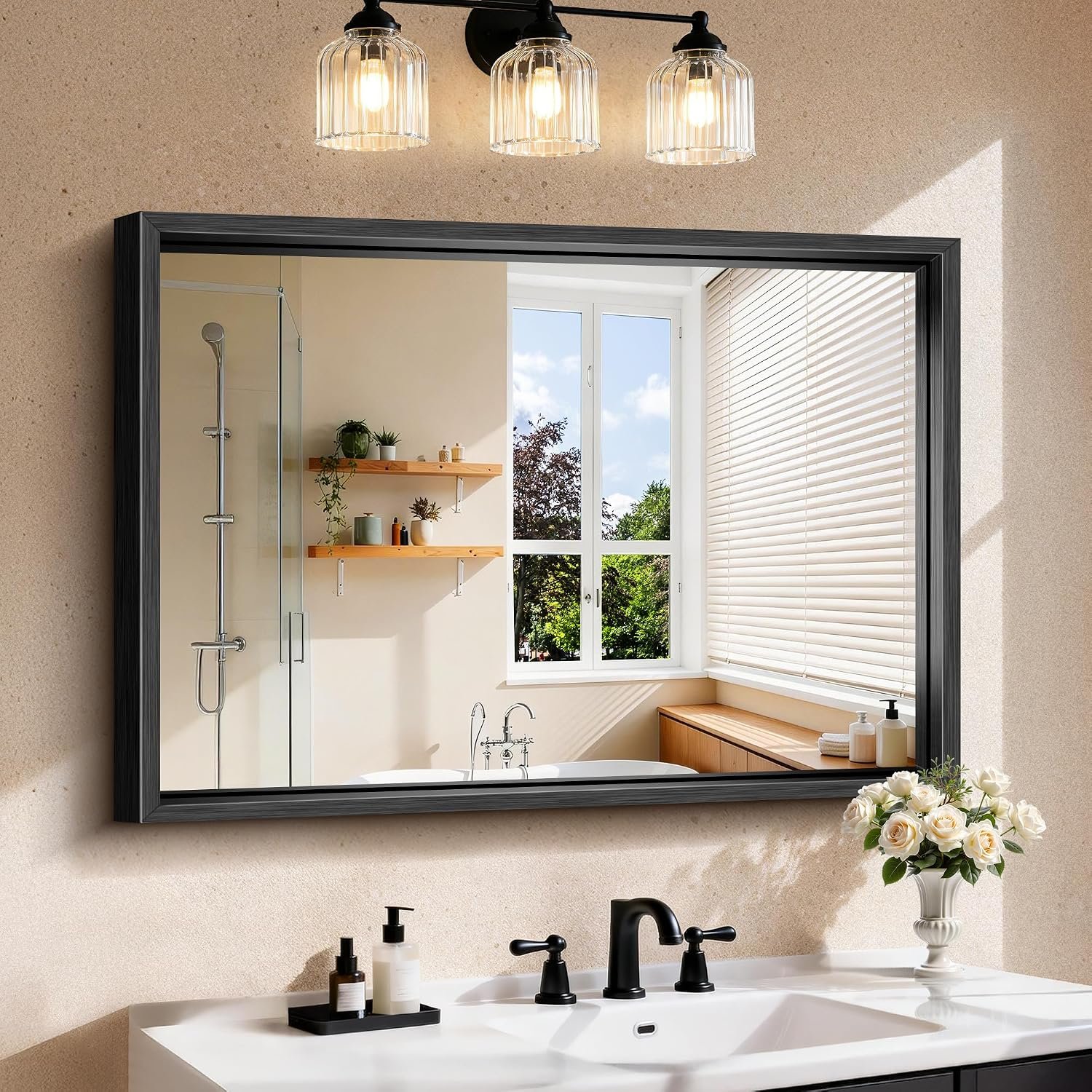 CIRCUMI 30″x42″ Brushed Black Bathroom Mirror, Rectangular Vanity Mirror | Chunky Box Metal Frame, Shatterproof, Tempered Glass, Bathroom Remodel&New Home,Wall Mirror for Over Sink,Living Room,Hallway