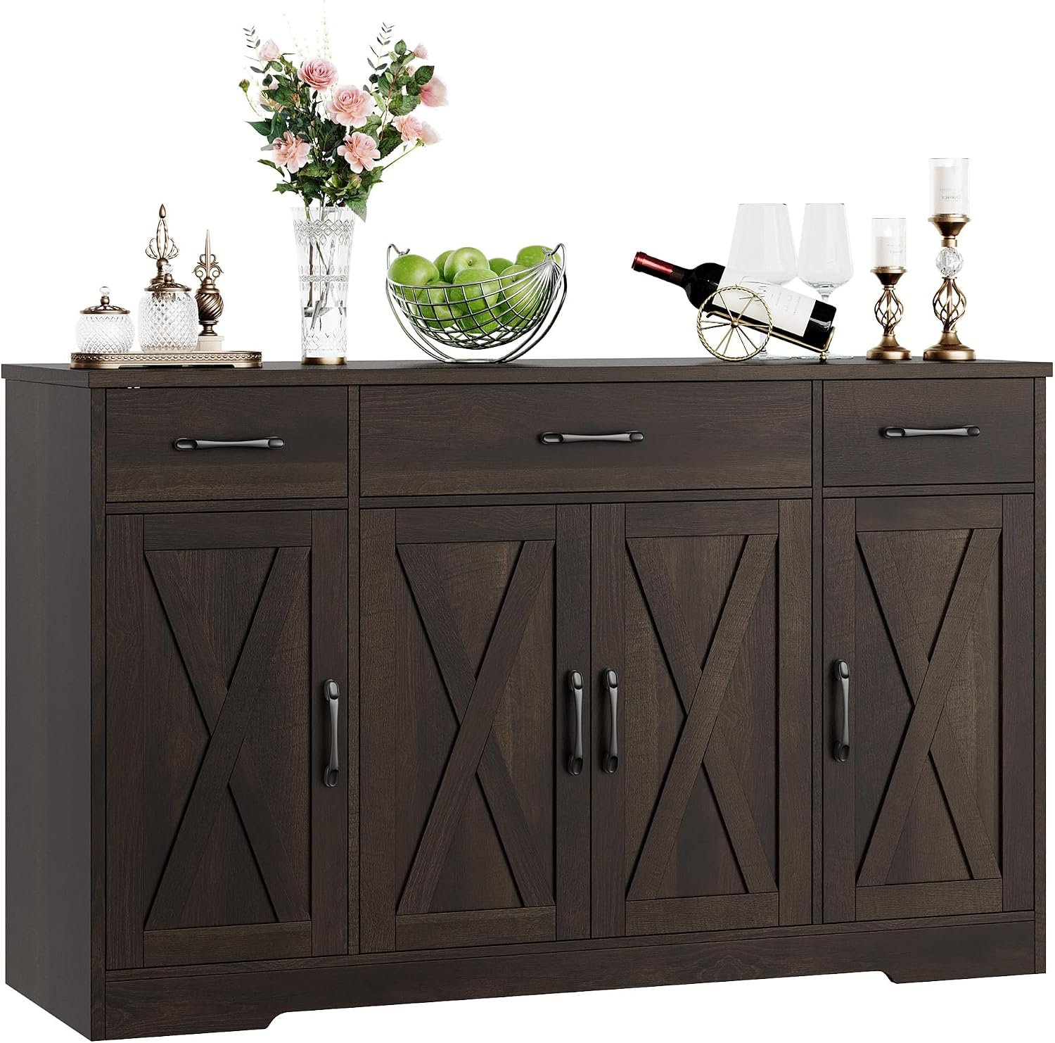 HOSTACK Kitchen Buffet Sideboard Storage Cabinet, Coffee Bar Cabinet, Brown | 55″W Farmhouse Kitchen Cabinet with Doors and Adjustable Shelves, Buffet Cabinet with 3 Drawers for Dining Living Room