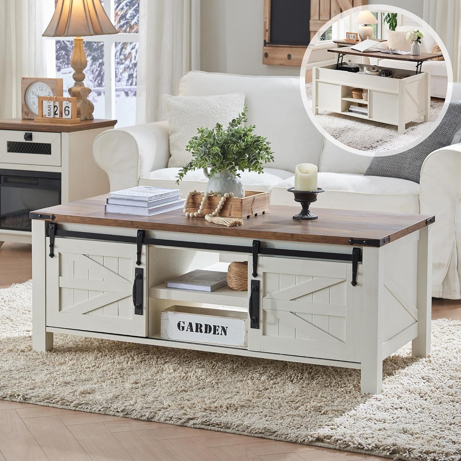 OKD 48″ Farmhouse Lift Top Coffee Table, Sliding Barn Door, Antique White | Lifting Tabletop & Hidden Storage Compartment, Open Cubby & Adjustable Shelves for Living Room, P2 Engineered Wood