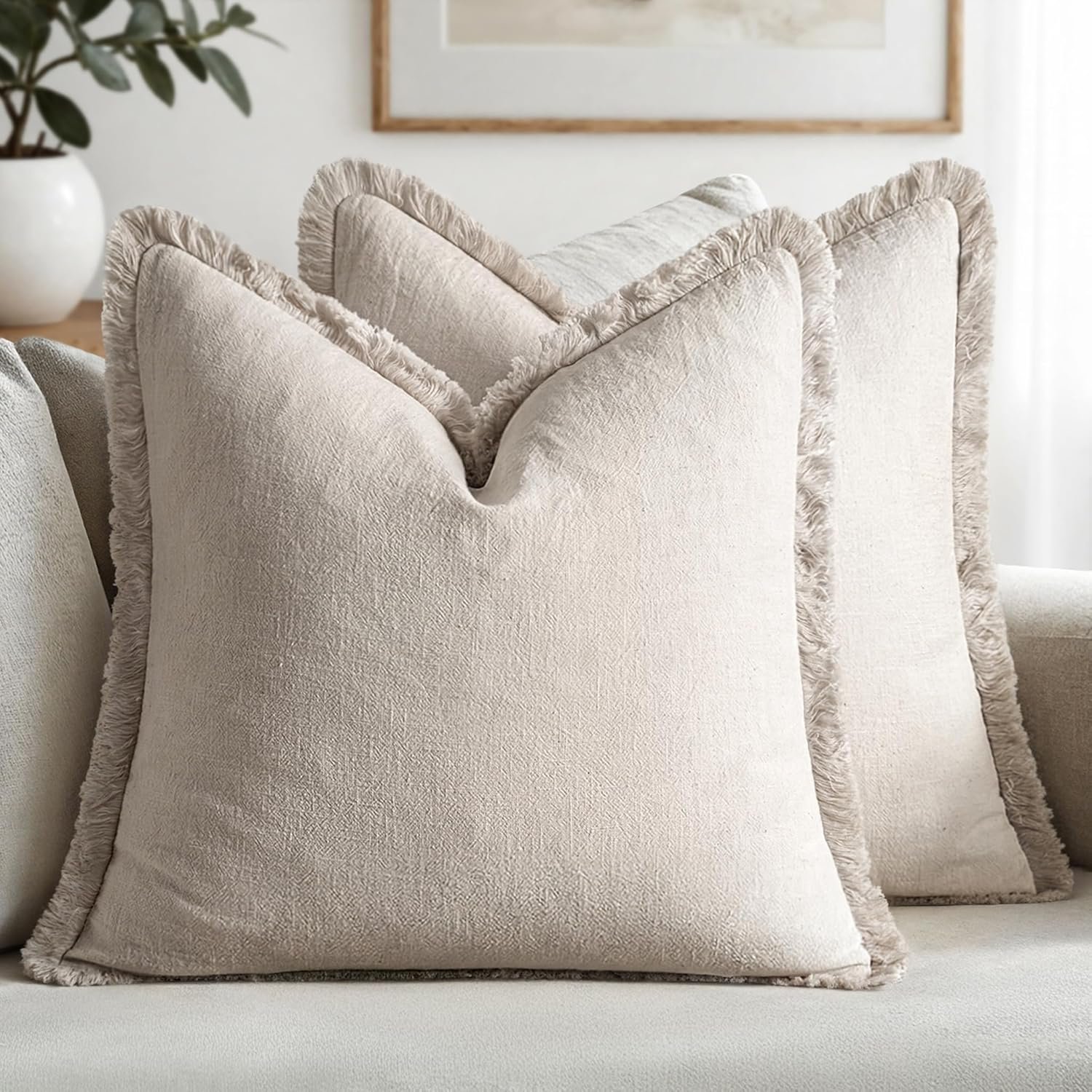 MIULEE Linen Fringe Decorative Throw Pillow Covers Natural Beige 20×20 | Set of 2, Cottagecore Decor, Boho Farmhouse Neutral Pillow Covers, Rustic Couch Cushion Cases for Sofa Bed Living Room