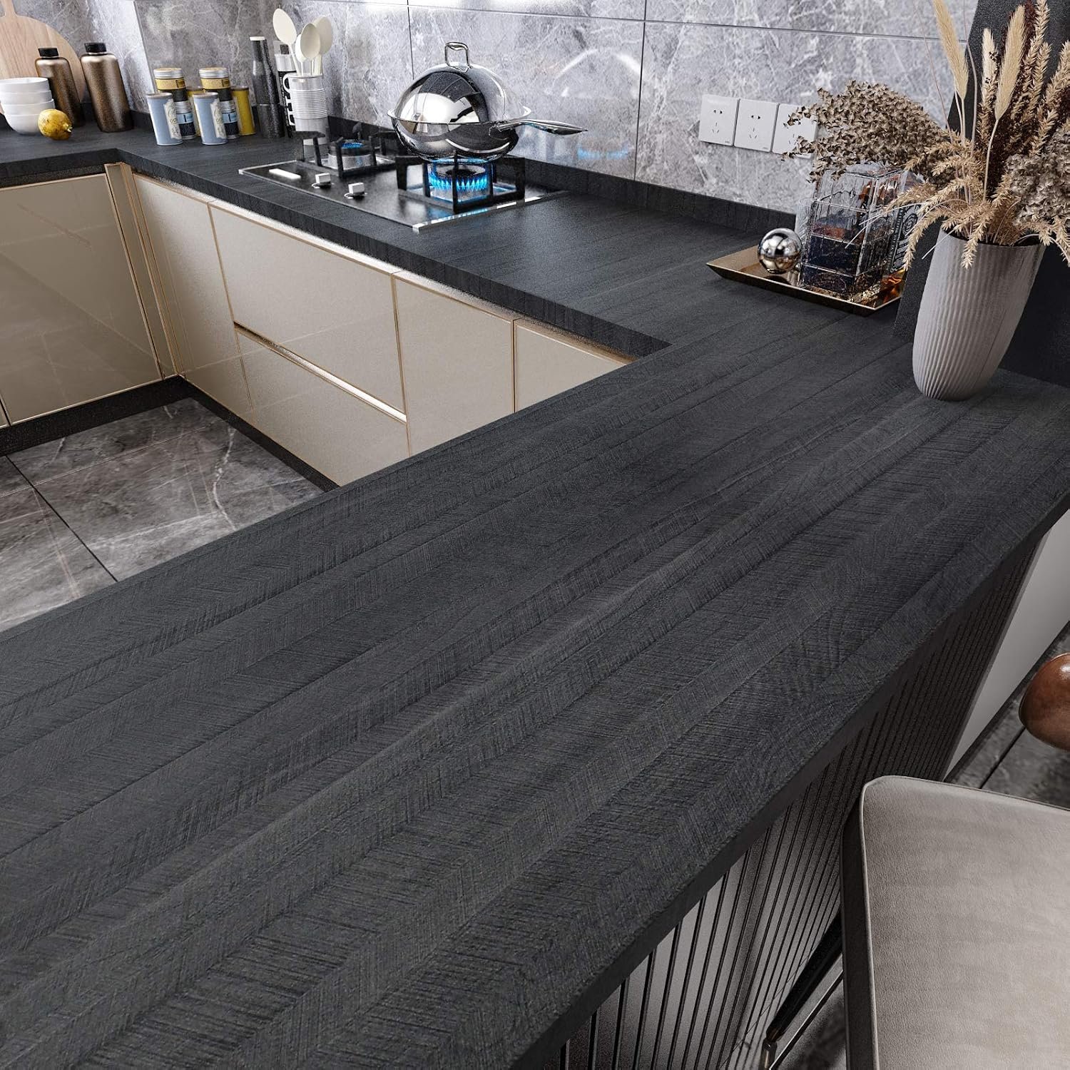 WESTICK Wooden Peel and Stick Countertops Waterproof Wood Contact Paper Self Adhesive Black Wood Peel and Stick Wallpaper Wooden Grian Vinyl Wrap for Tables Counter Top Kitchen Cabinets 15.8″ x 78″