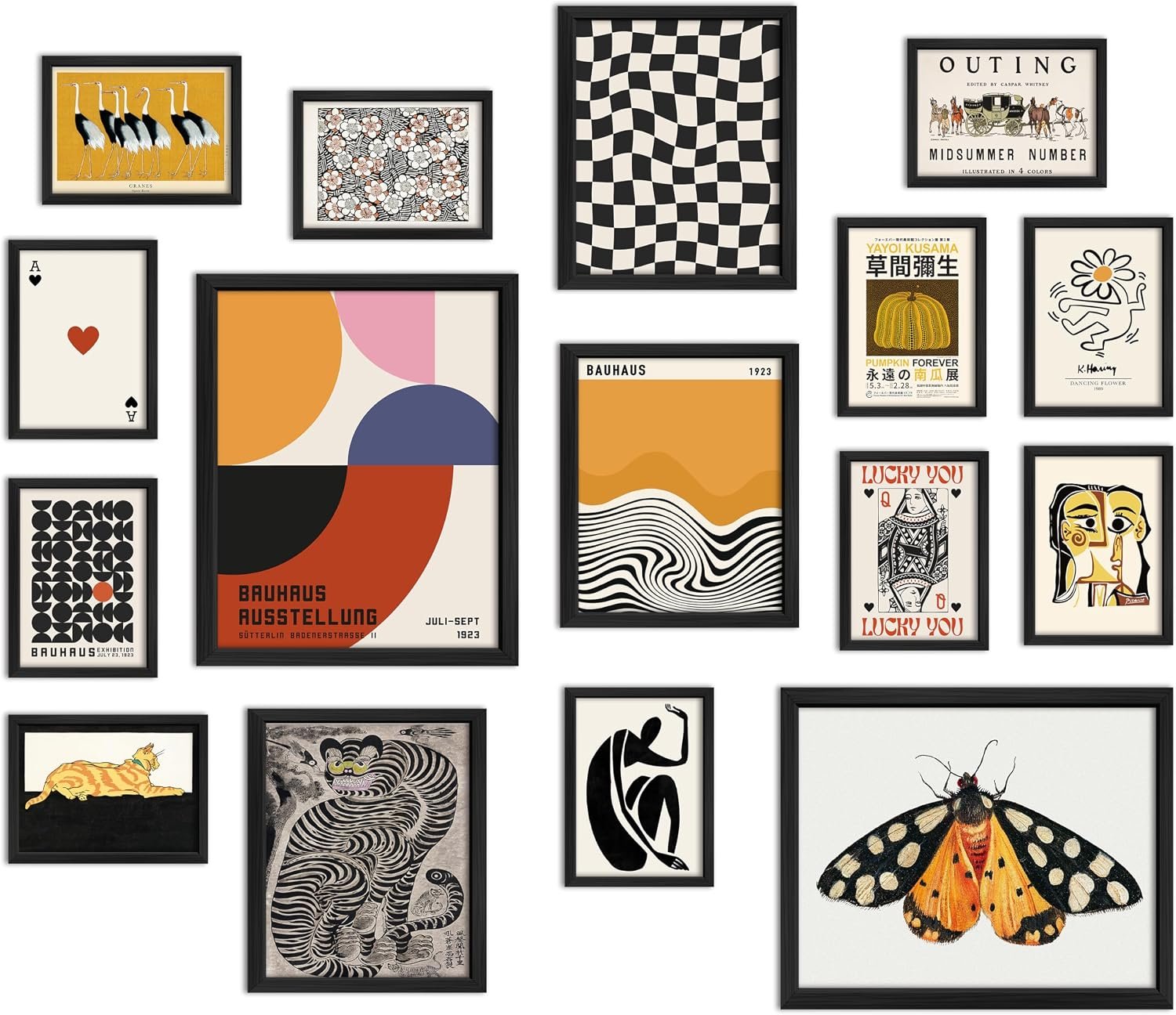 ANERZA 16 PCS Framed Eclectic Wall Art Decor, Modern Maximalist Wall Prints for Bedroom, Vintage Gallery Wall Frame Set, Bauhaus Funky Posters for Home Decor, Retro Abstract Dorm Collage Kit