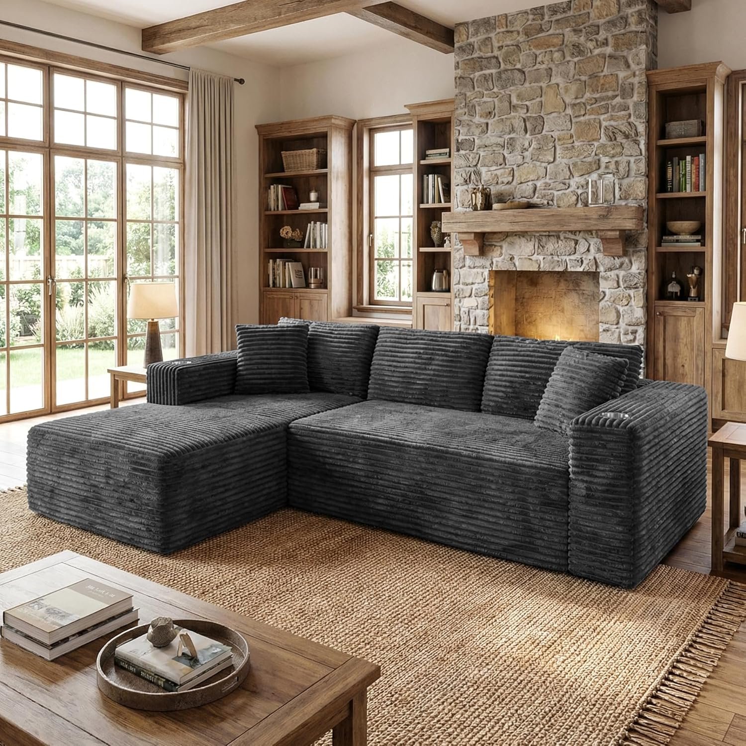 Shintenchi 103″ Boneless Couches for Living Room with 2 Cup Holders,L Shaped Modular Sectional Sofa Set,No Assembly Needed Plush Corduroy Living Room Set,Dark Gray