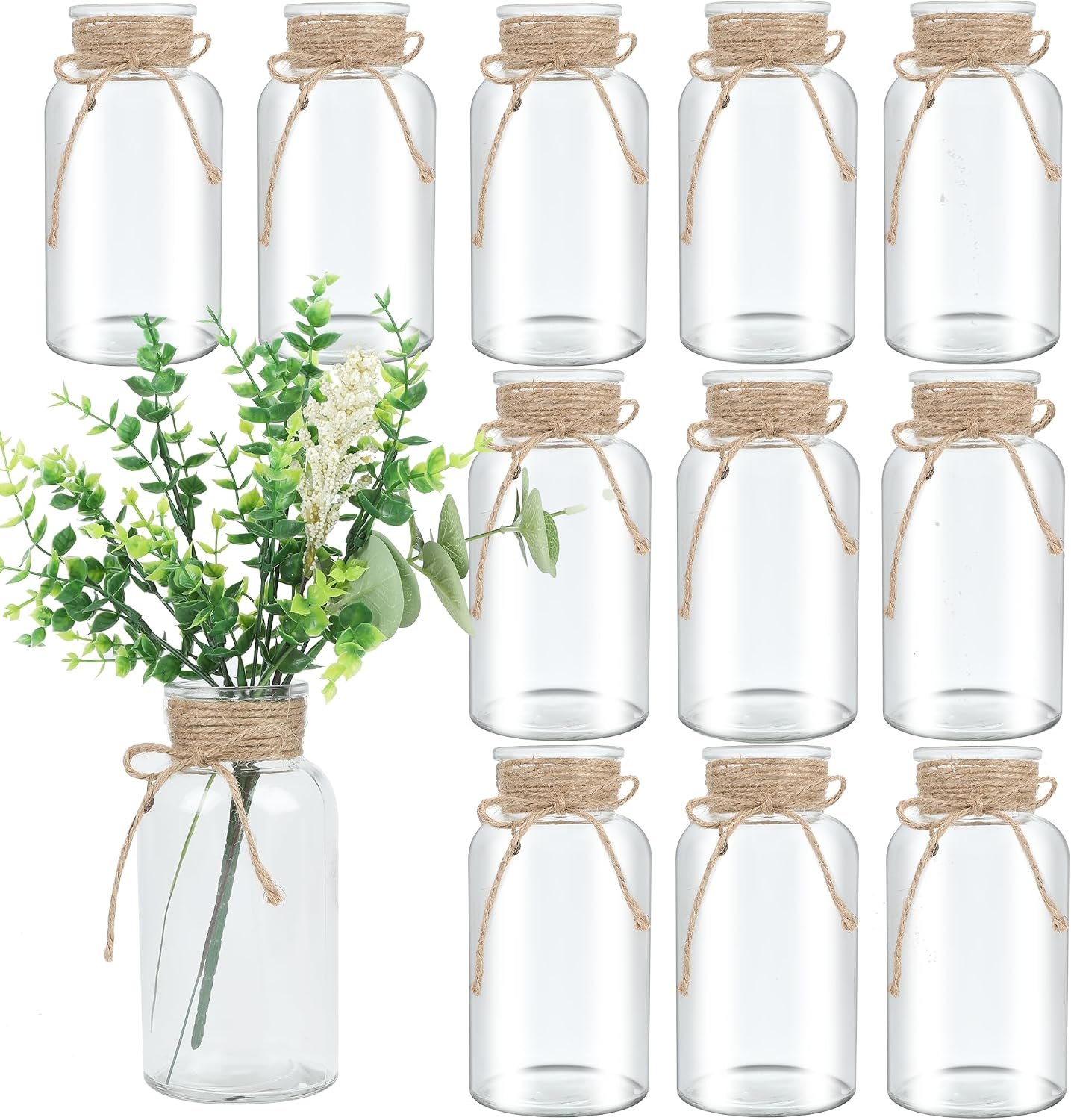 12 Pack Mason Jar Vases for Centerpieces, Clear Glass Flower Vase | Vintage Farmhouse Rustic Decorative Jars for Wedding Party Baby Shower Table Decor, Wide Mouth Mason Jars with Twine Bulk