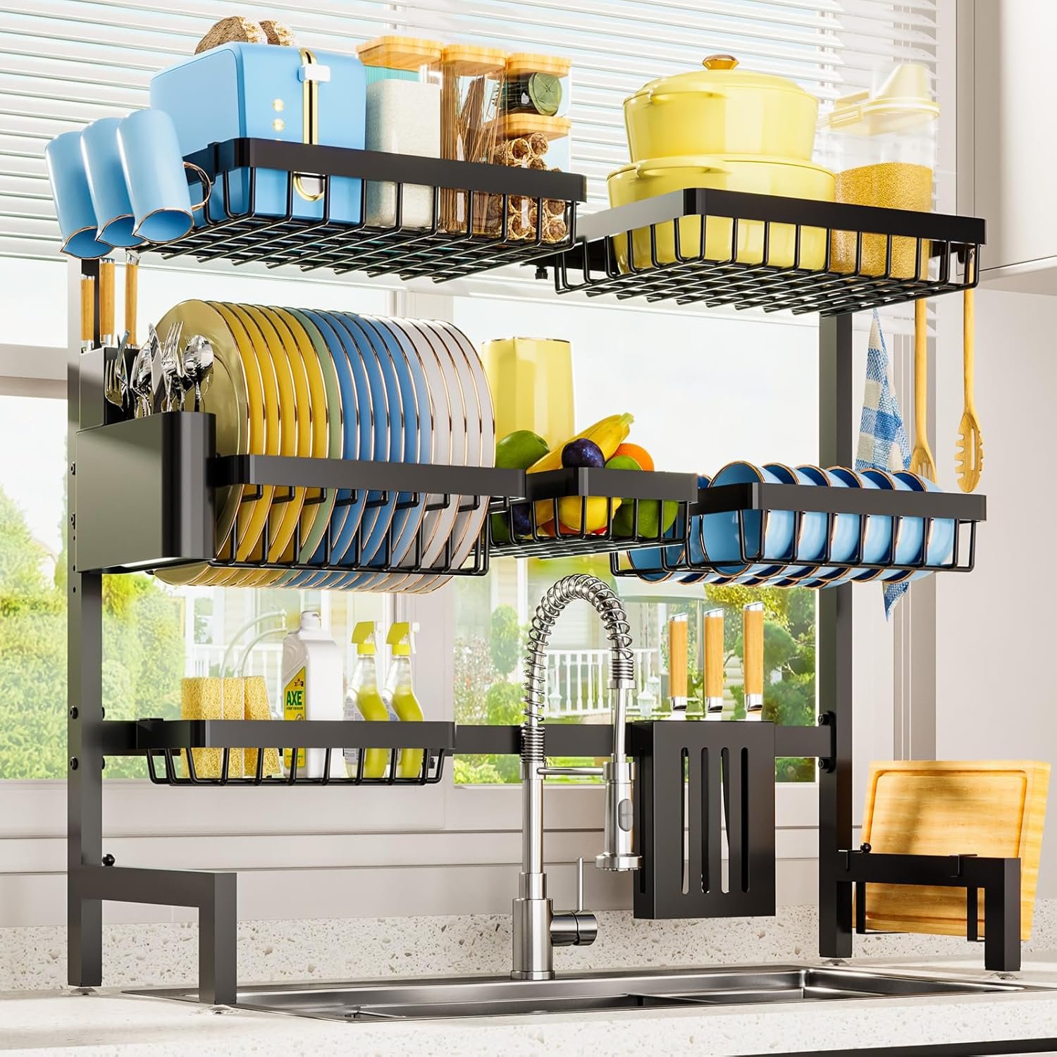 Sakugi Dish Drying Rack Over The Sink, Dish Drainer for Kitchen Counter | Stainless Steel Storage Organizer with Utensil Knife Holder & Hooks, Adjustable 11.8″Dx31.5″~39″Wx30″H, Black