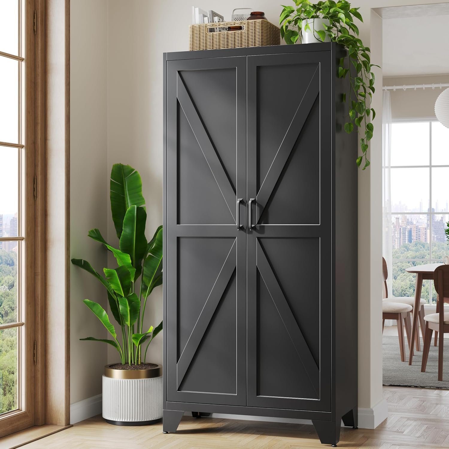 Metal Black Storage Cabinet with 2 Doors and 4 Adjustable Shelves, 75″ Tall Kitchen Pantry cabinets, Farmhouse Food Pantry Cabinet,5 Tier Freestanding Barn Door Cupboard for Kitchen Dining/Living Room