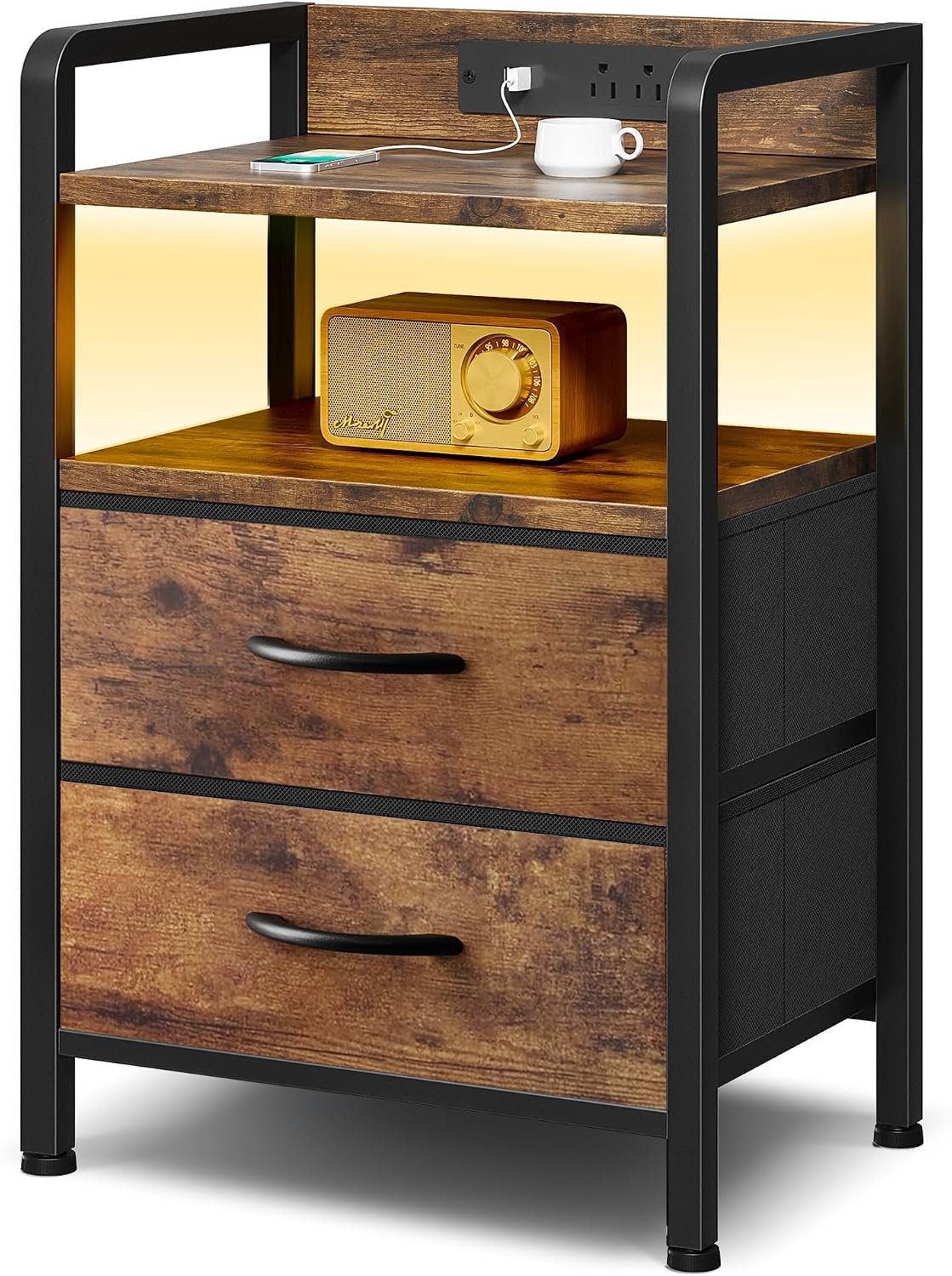 Lazzanto Night Stand Bedside Table Bedroom – Nightstand with Charging Station, Night Stand with LED Light Strip, End Table with U-S-B Ports & AC Outlets, Storage Shelf & 2 Fabric Drawers, Rustic Brown