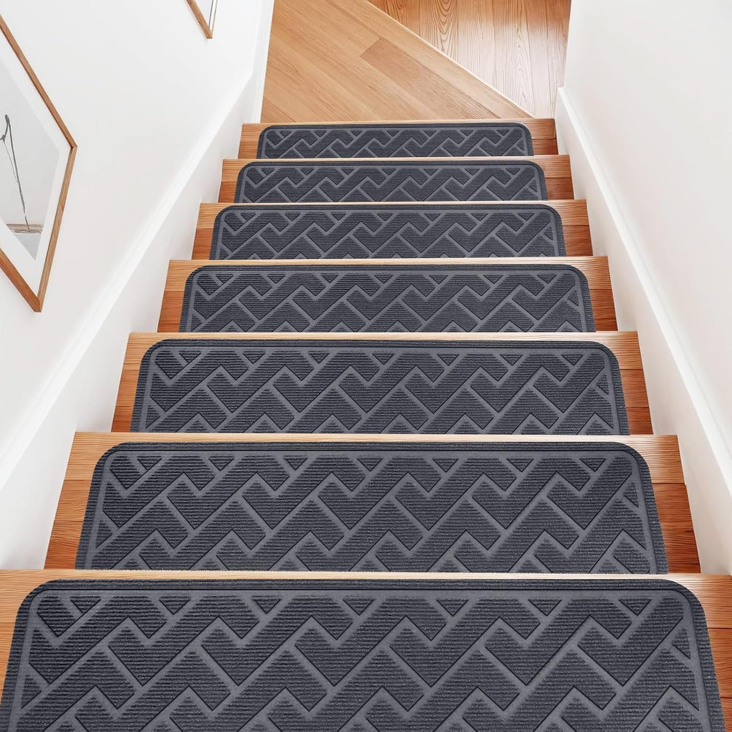 15 Pack 8 “X 30” Non Slip Stair Treads for Wooden Steps, Carpet Stair Treads Made of Polyester and Reusable Adhesive, Stair Runner Rugs for Kids, Elders and Dogs Pets (Gray)