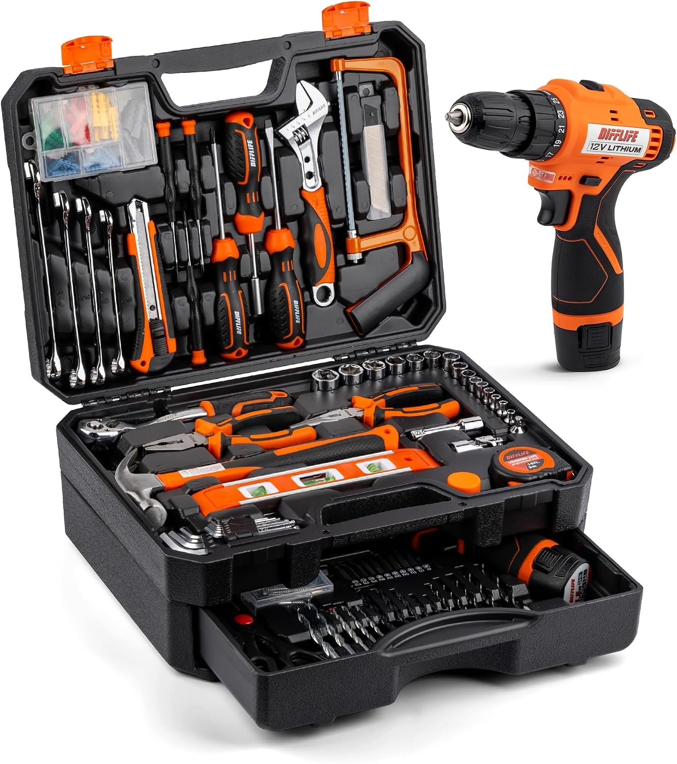 12V Cordless Drill Set Tool Set Home Mechanic Hand Tools set with 217Pcs | Tools Combo Kit for Home Repair, Multi-Piece Socket and wWrench Set