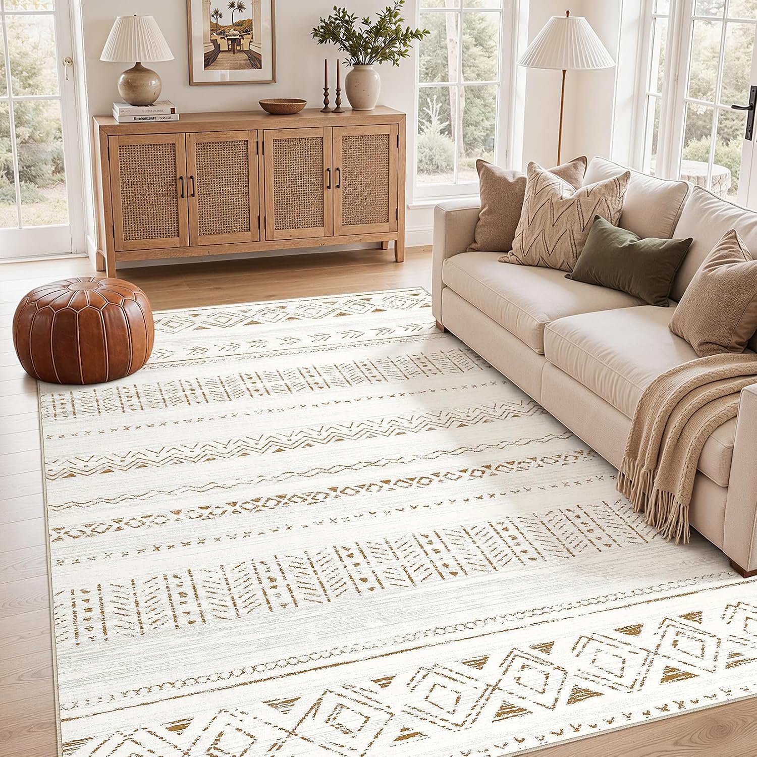 cotiled Boho 5×7 Area Rugs for Living Room: Soft Moroccan Washable Rug | Solve Modern Neutral Trendy Home Decor – Stain Resistan Carpet for Bedroom Farmhouse Dining Room Brown Cream