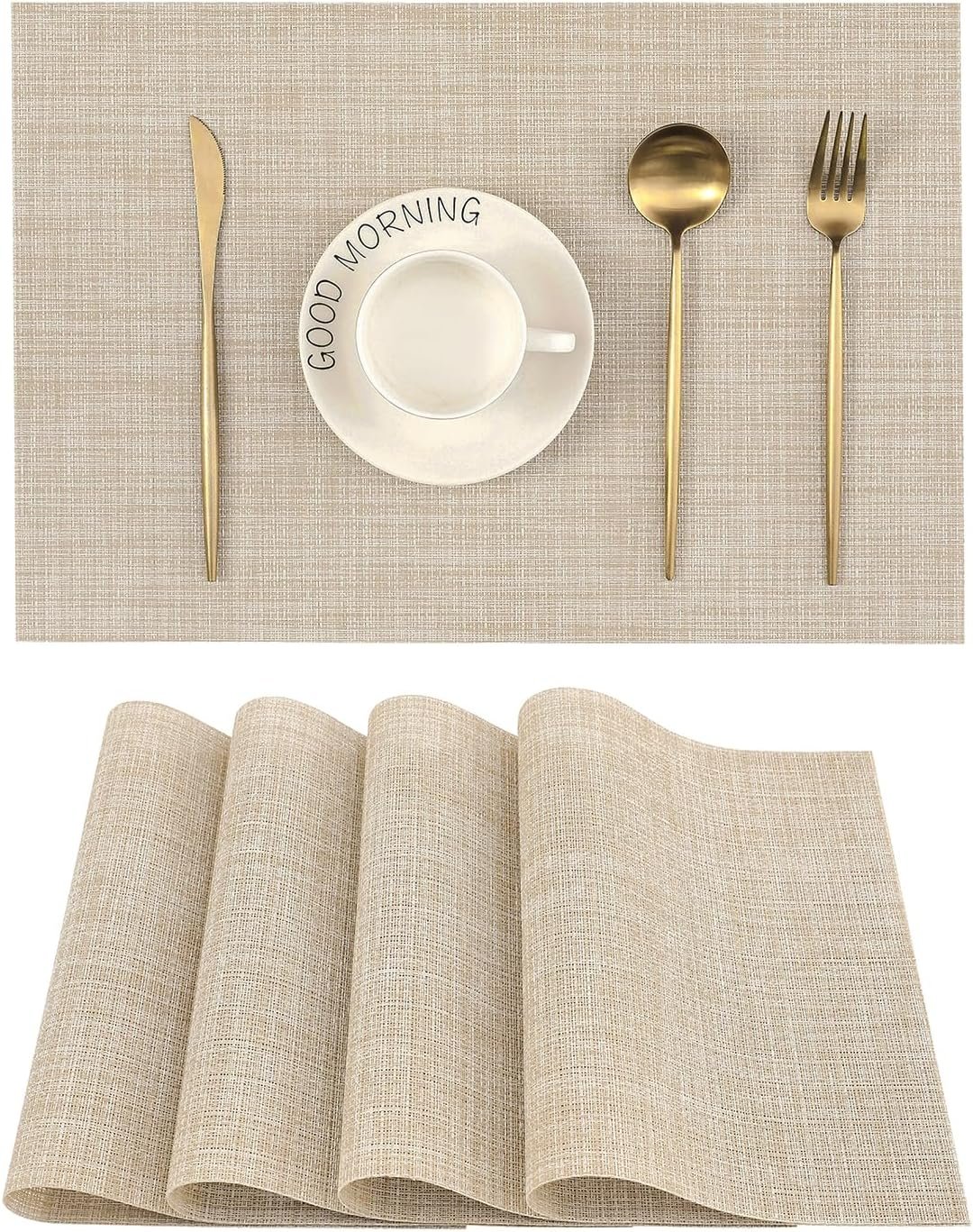 Leetaltree Beige Placemats Set of 4 – Heat-Resistant, Non-Slip Table Mats, Washable Woven Vinyl for Indoor & Outdoor Dining