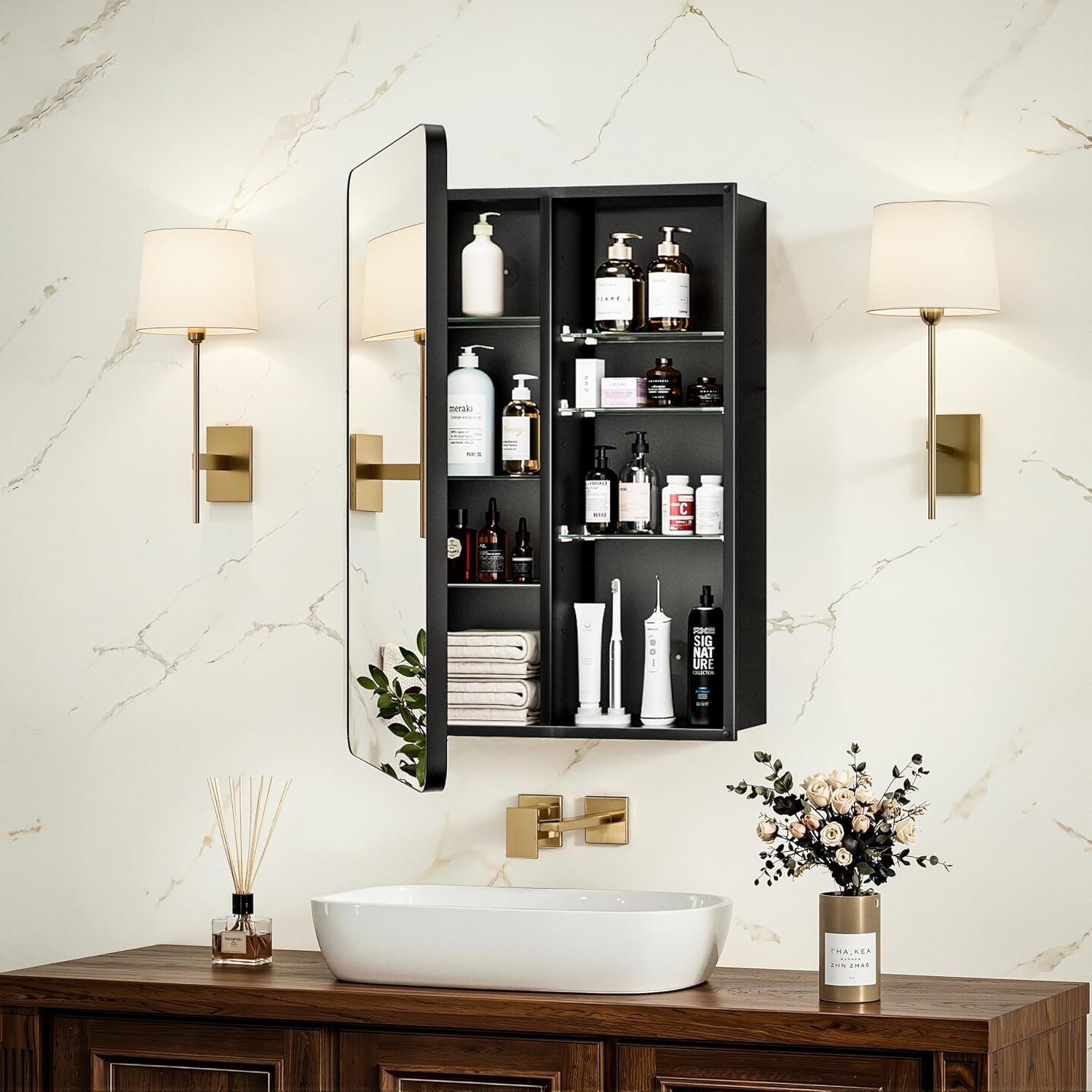 16×24 Black Medicine Cabinet with Mirror, Recessed & Surface Mount | Bathroom mirror with storage: 6 independently adjustable shelves fit tall bottles; soft-close hinges; rustproof aluminum