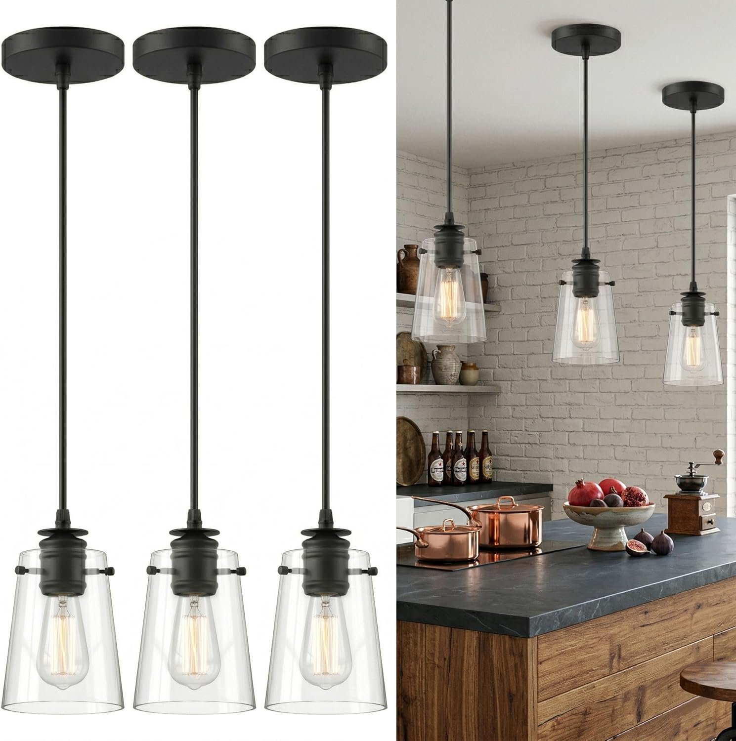 Pendant Lights Kitchen Island, Modern Industrial Pendant Light Fixtures with Glass Shade, E26 Socket Adjustable Cord for Dining Room, Bedroom, Living Room, Farmhouse Pendant Lighting 3Pcs