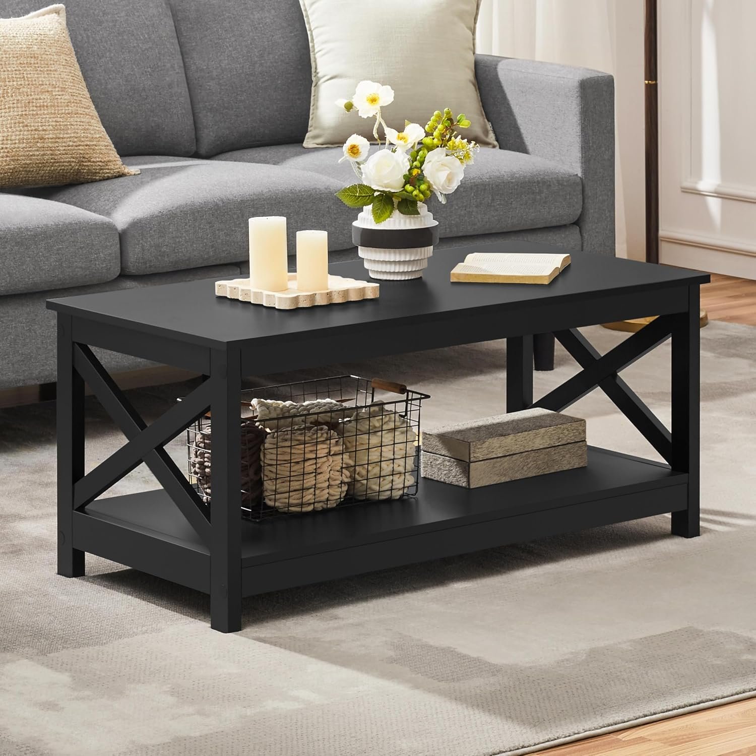 Yaheetech Black Coffee Table for Living Room, X-Design Storage Shelf, 39.5“ | Sturdy Engineered Wood Top Holds up to 88 lb, Easy Assembly, Black Finish, Lower Shelf for Books, Fit for Small Spaces