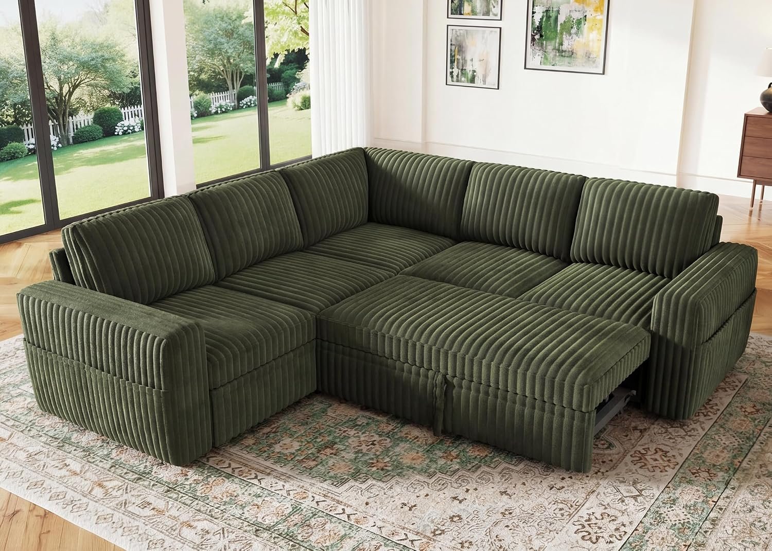 HONBAY Modular Sectional Sleeper Sofa with Pull Out Bed,Corduroy L Shaped Couch with Storage, Sectional Couches for Living Room,Green