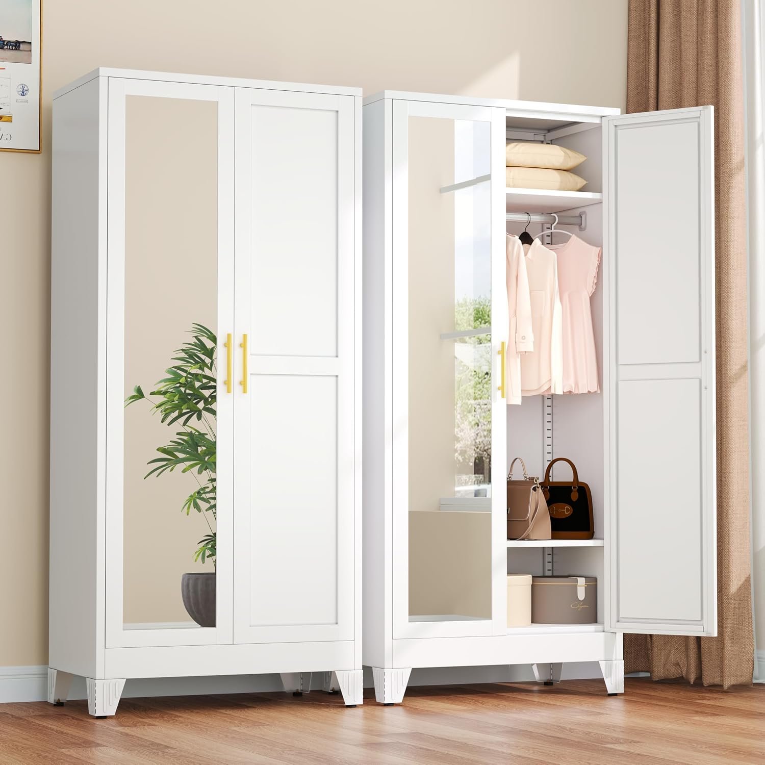 winiowa Metal Armoire Wardrobe Closet with 2 Mirror Doors, 71″ Wardrobe Cabinet with Adjustable Shelves and Hanging Rod, Clothing Storage Cabinet Closet with Mirror for Bedroom-White